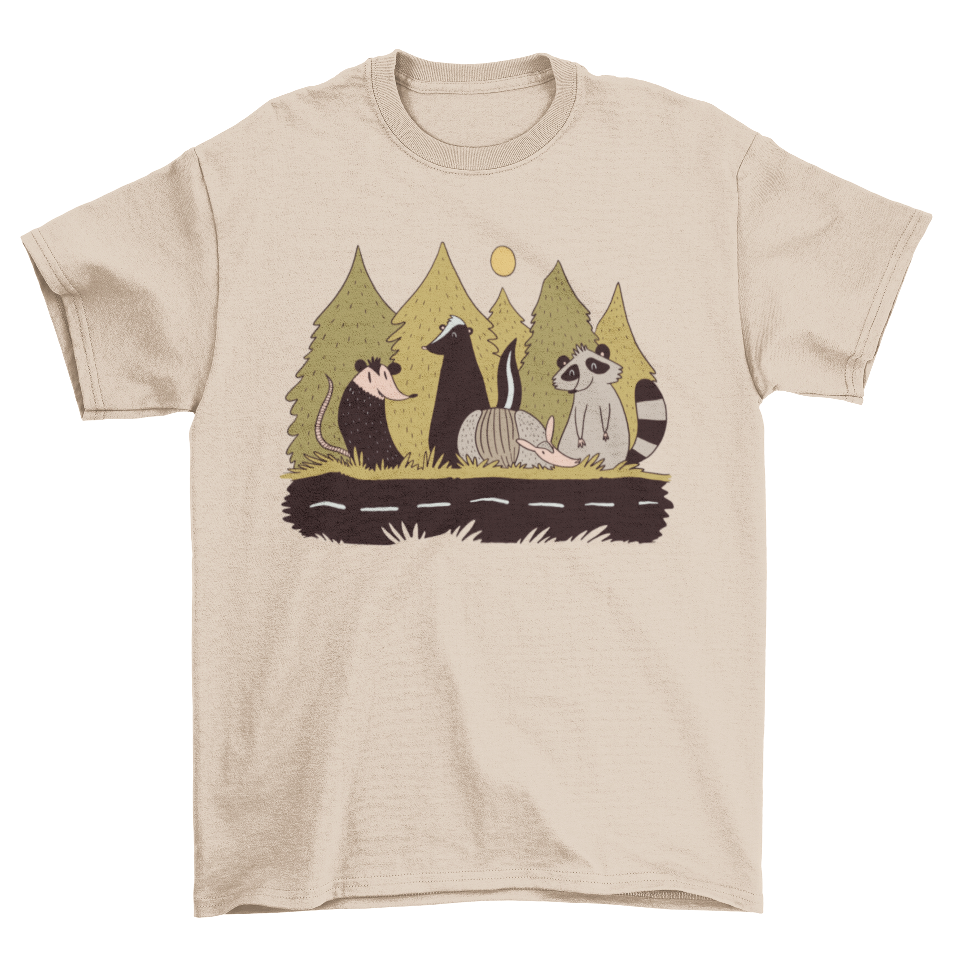 Animals Street T-Shirt featuring a colorful illustration of various animals next to a street, perfect for casual wear.