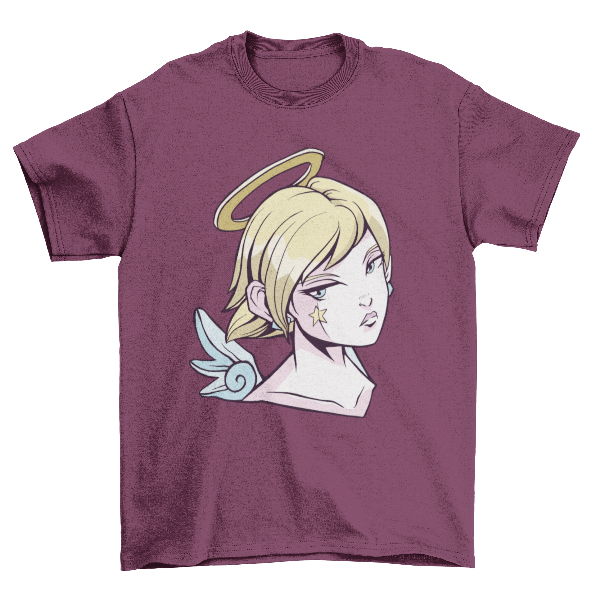 Anime angel girl t-shirt design featuring a cute illustration of an angelic character in vibrant colors.