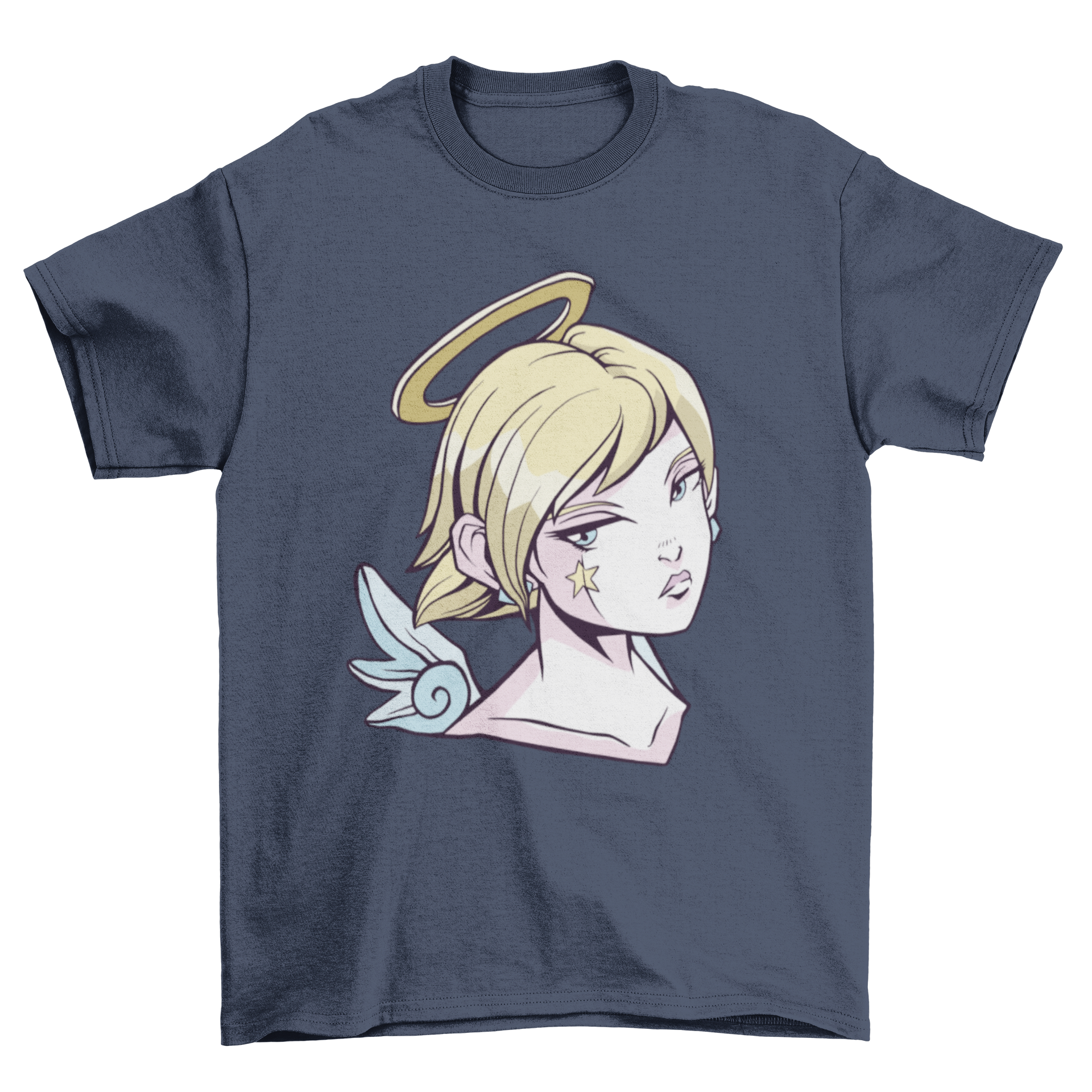 Anime angel girl t-shirt design featuring a cute illustration of an angelic character in vibrant colors.