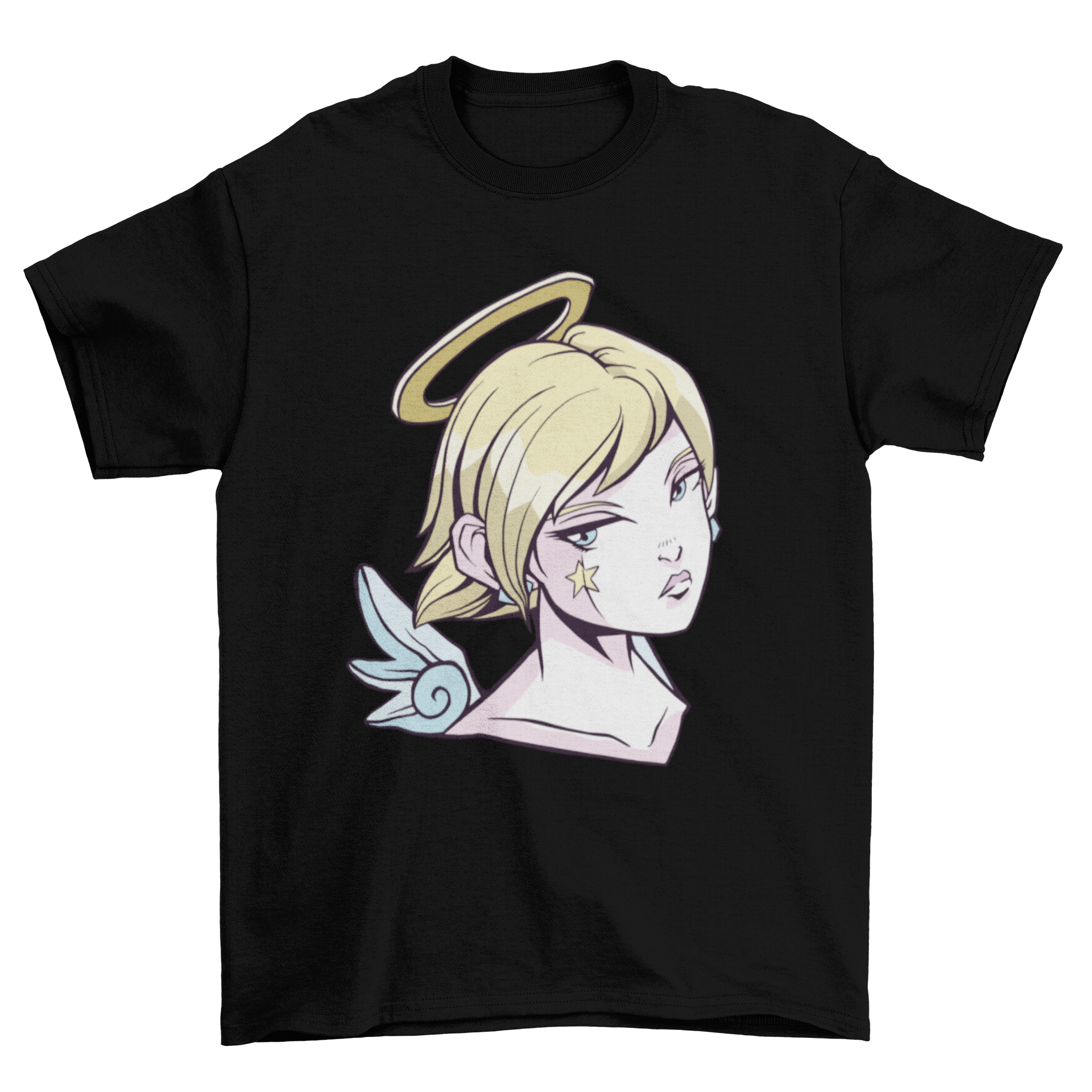 Anime angel girl t-shirt design featuring a cute illustration of an angelic character in vibrant colors.