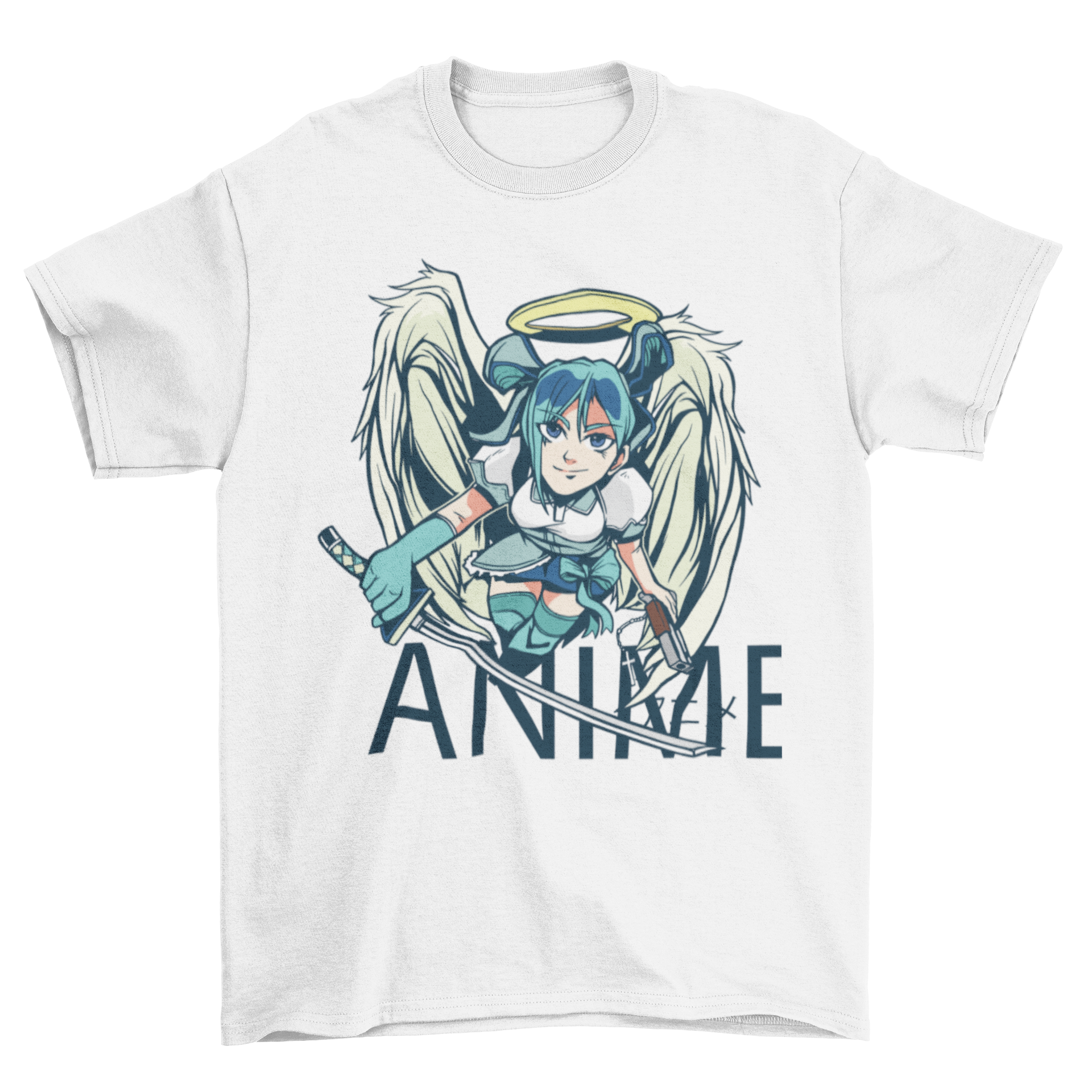 Anime angel warrior girl t-shirt featuring a sword, gun, and halo with the quote 'Anime' in English and Japanese.