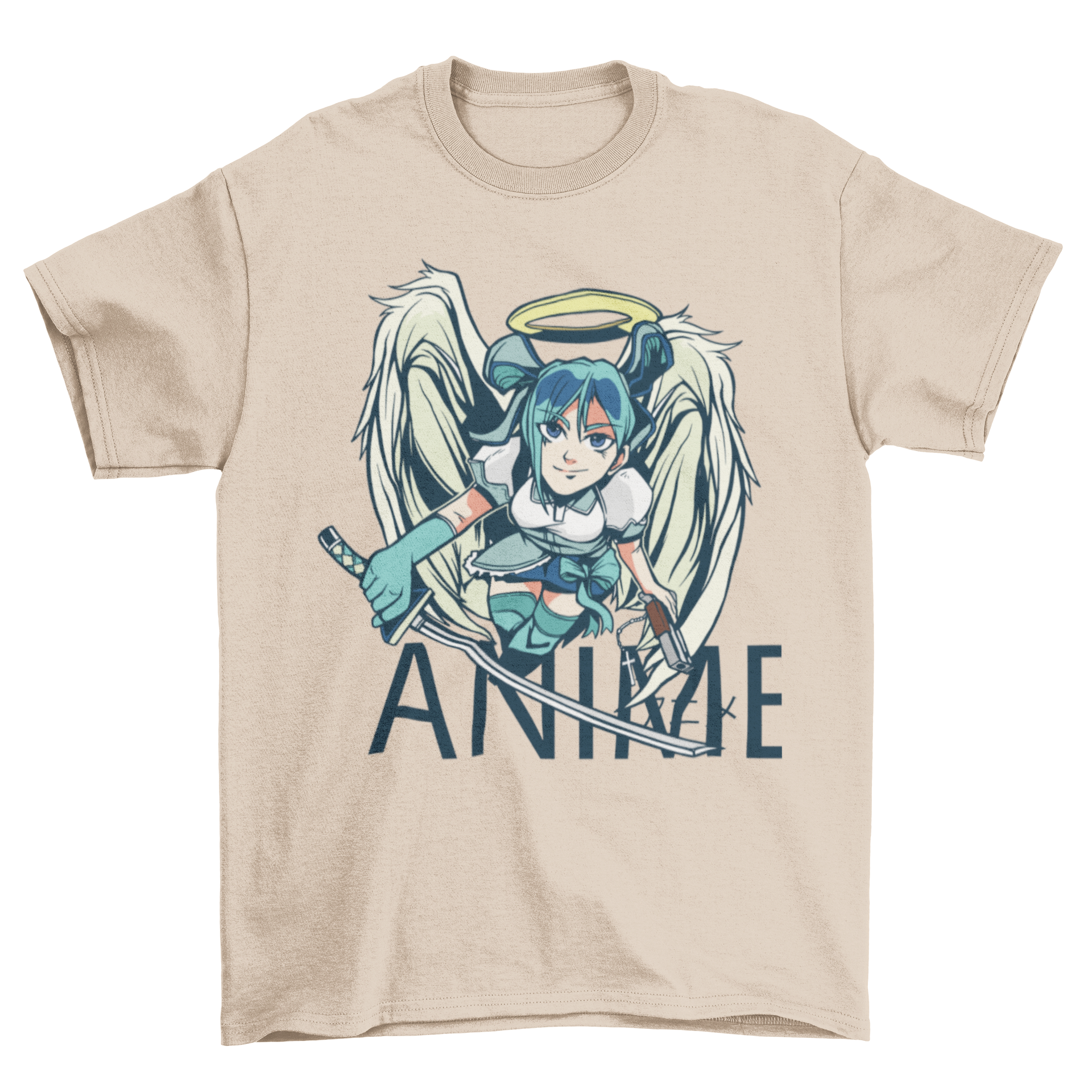 Anime angel warrior girl t-shirt featuring a sword, gun, and halo with the quote 'Anime' in English and Japanese.