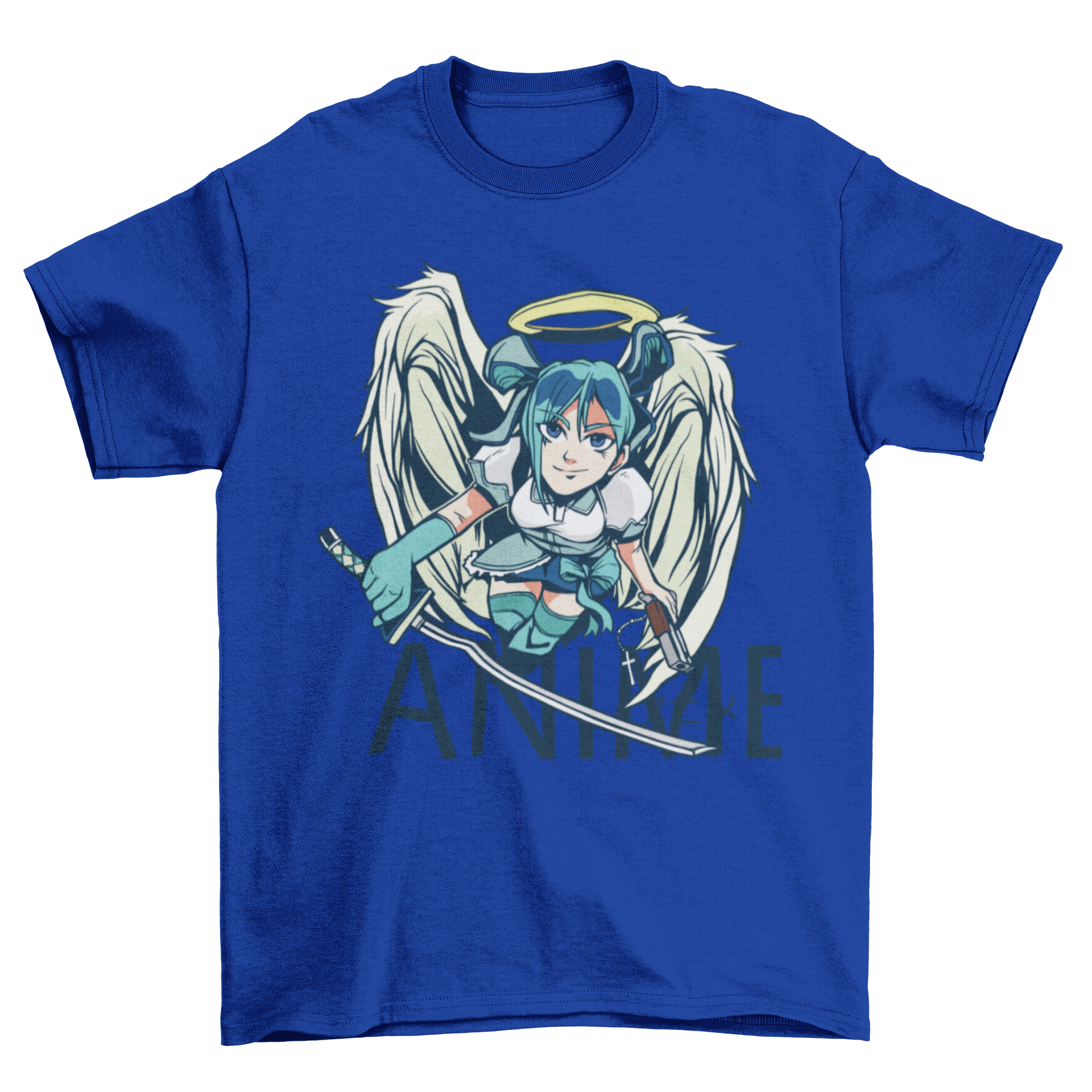 Anime angel warrior girl t-shirt featuring a sword, gun, and halo with the quote 'Anime' in English and Japanese.