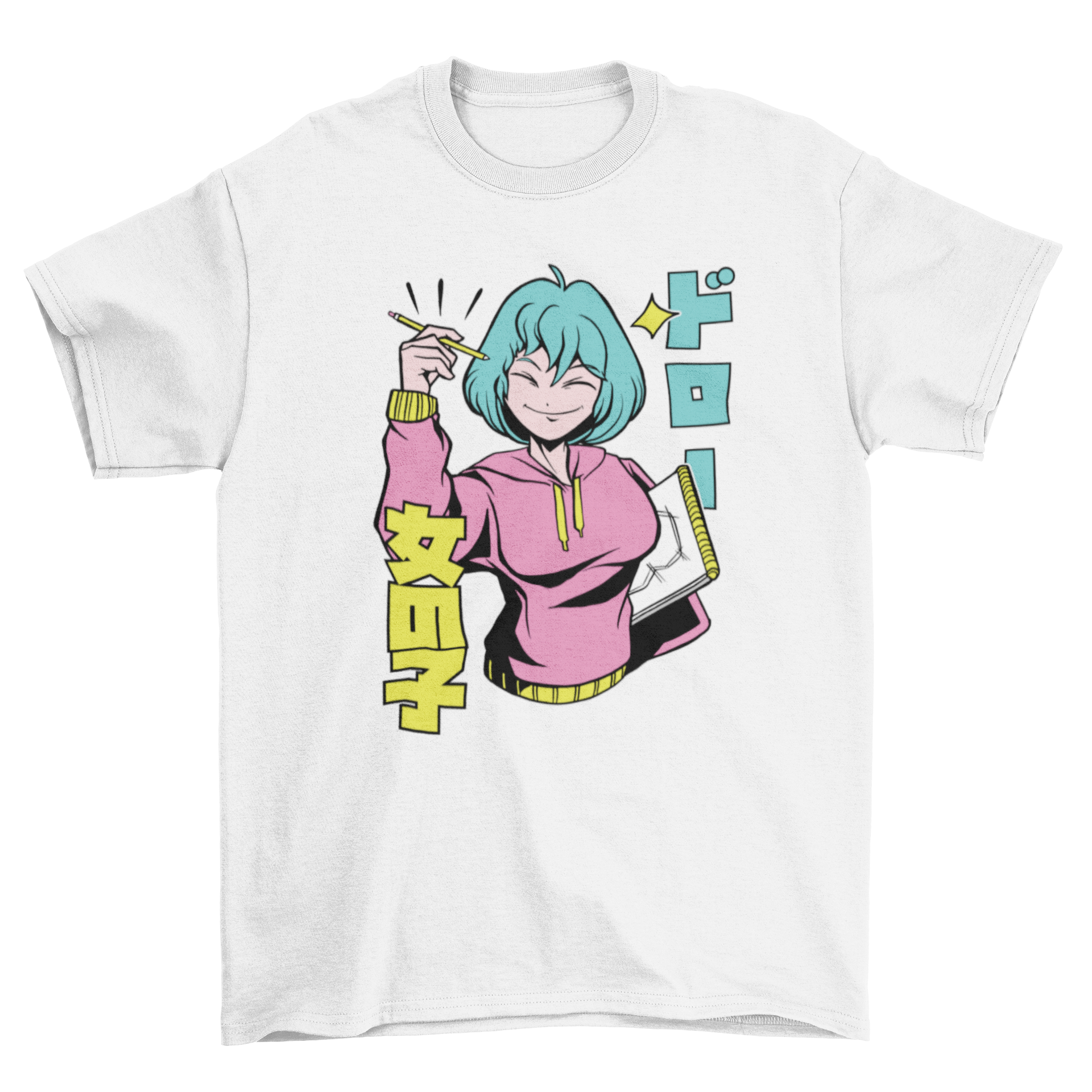 Anime artist girl t-shirt featuring a colorful design with Japanese characters.