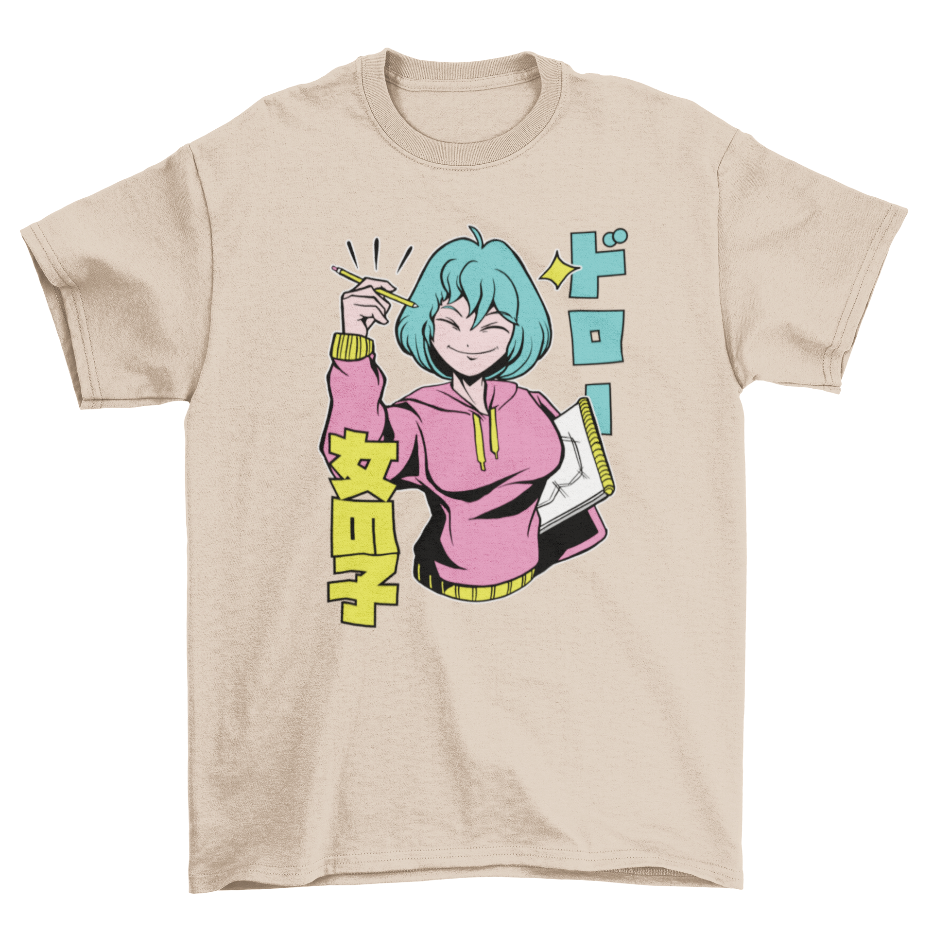 Anime artist girl t-shirt featuring a colorful design with Japanese characters.