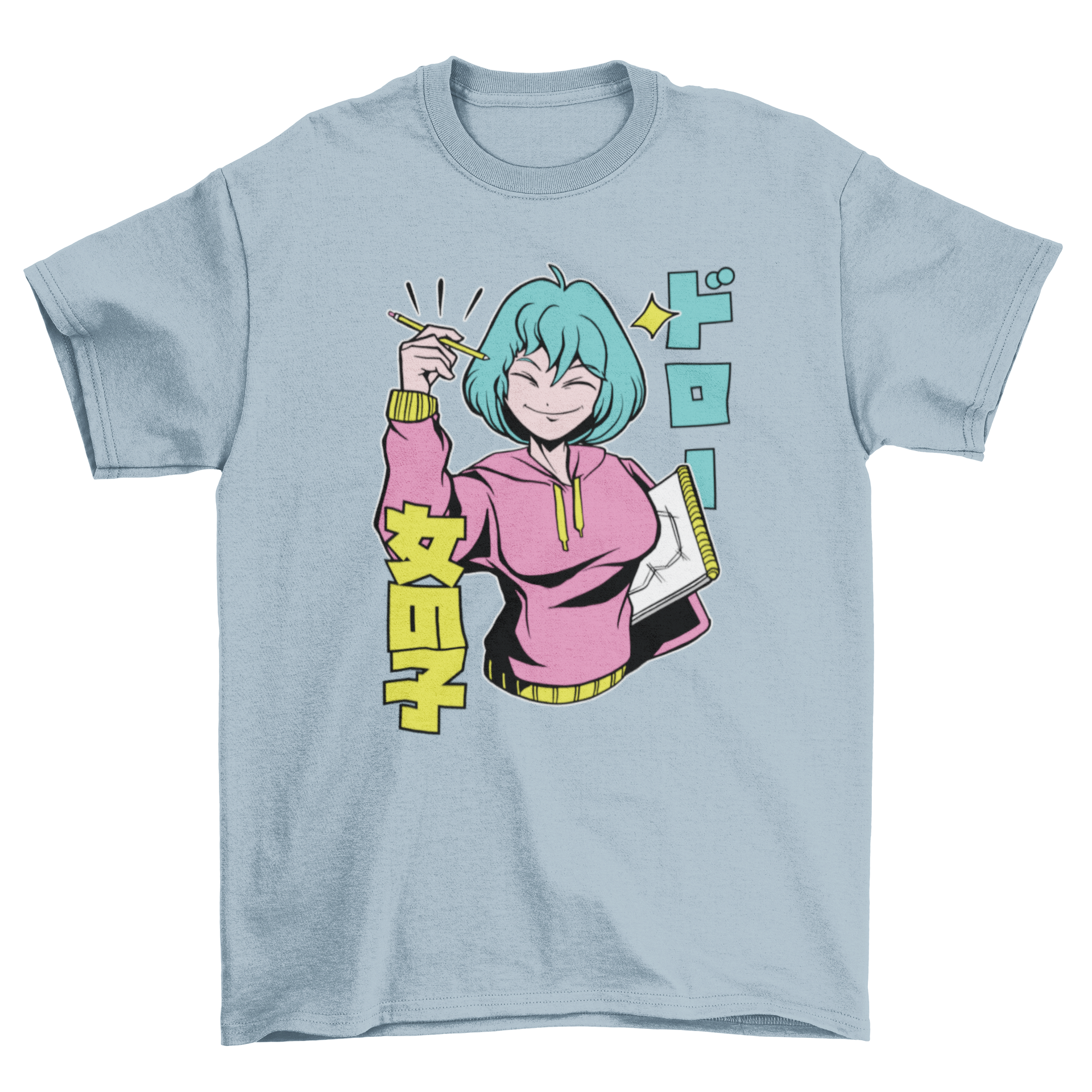 Anime artist girl t-shirt featuring a colorful design with Japanese characters.