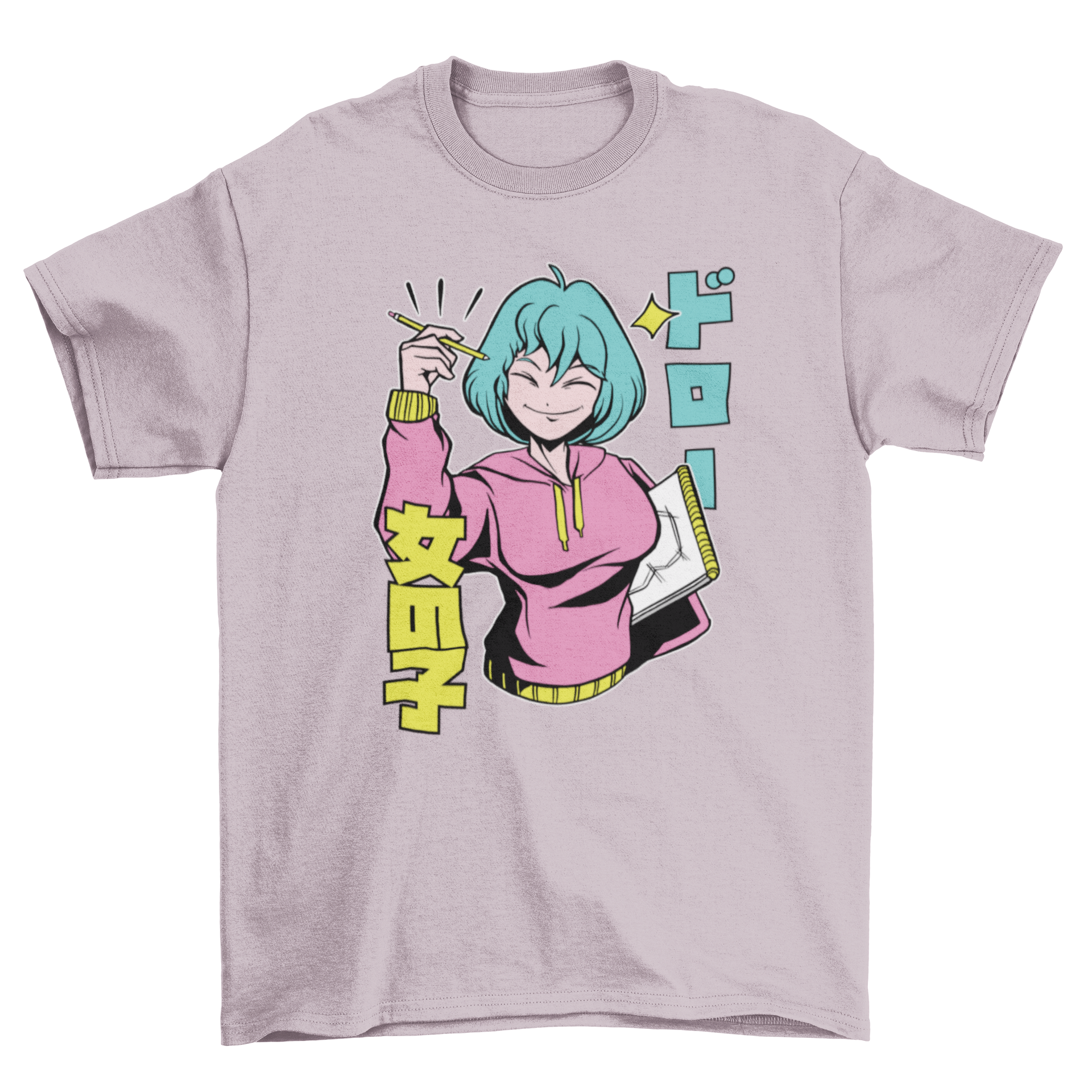 Anime artist girl t-shirt featuring a colorful design with Japanese characters.