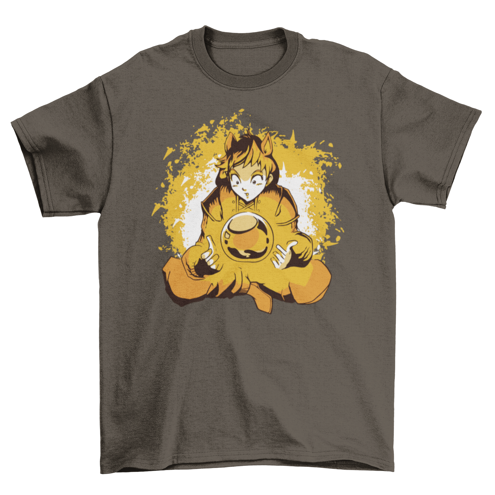 Anime Ball T-Shirt featuring an anime girl with a floating ball and flames around her, showcasing vibrant colors and intricate design.