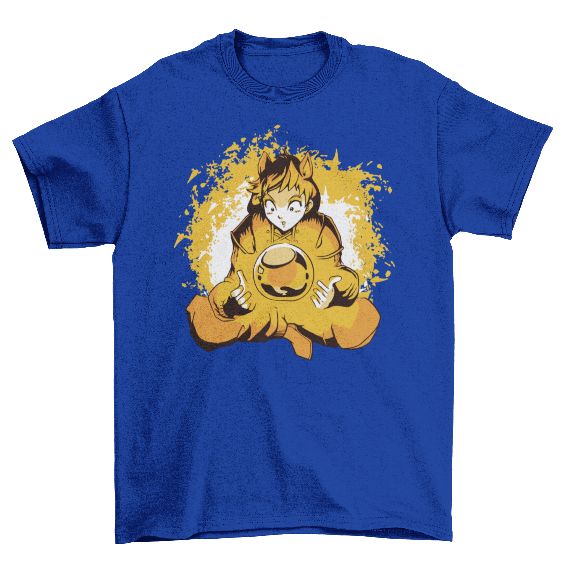 Anime Ball T-Shirt featuring an anime girl with a floating ball and flames around her, showcasing vibrant colors and intricate design.