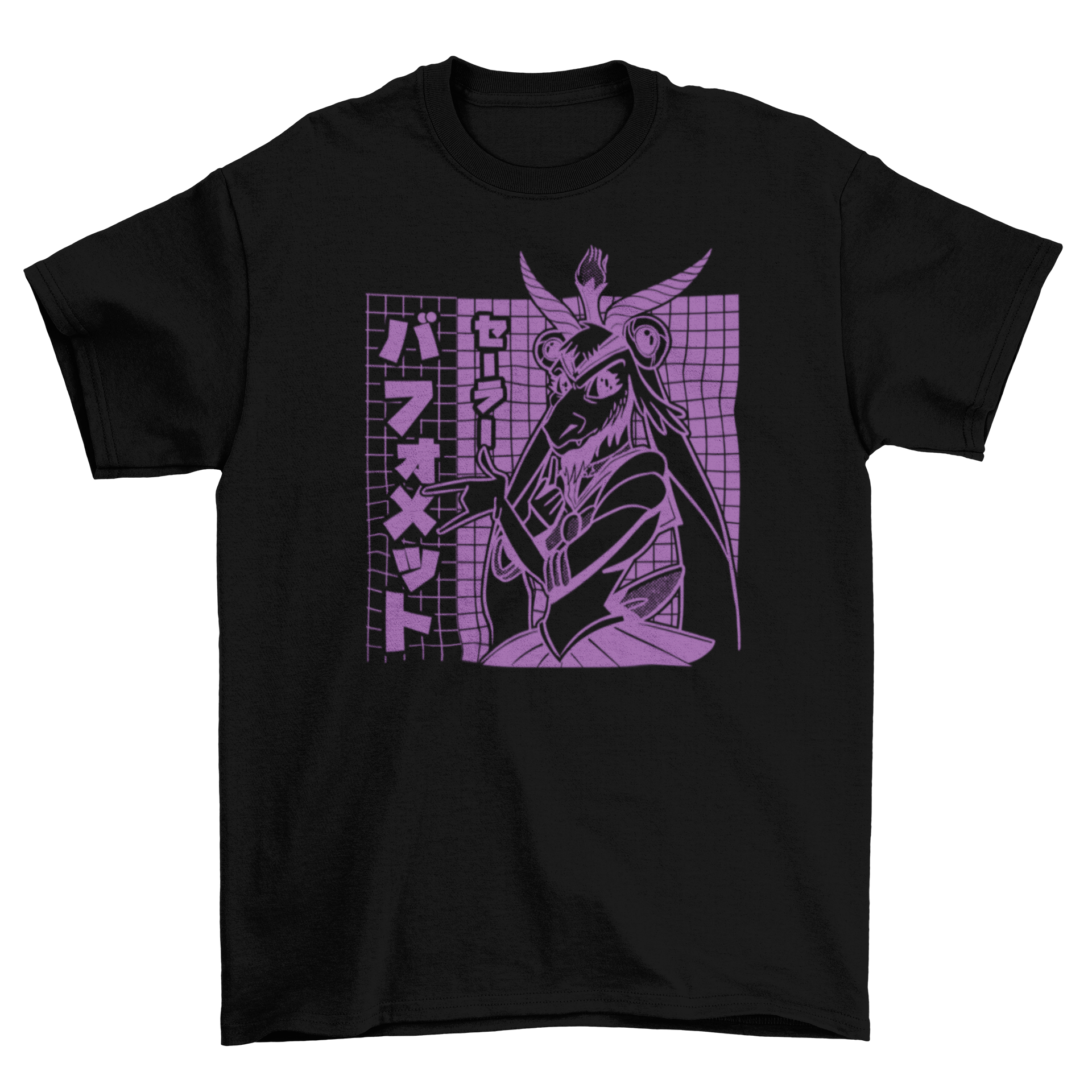 Anime Baphomet T-shirt featuring an anime girl with Baphomet's face, vibrant design on soft fabric.