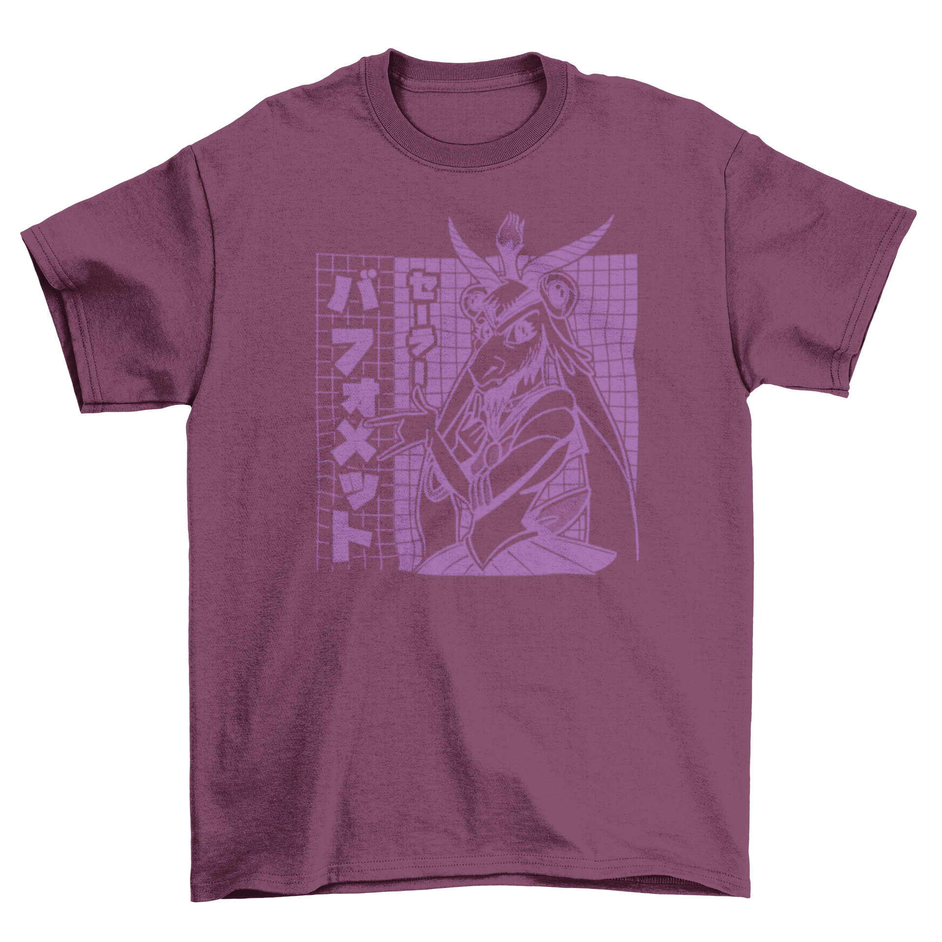 Anime Baphomet T-shirt featuring an anime girl with Baphomet's face, vibrant design on soft fabric.