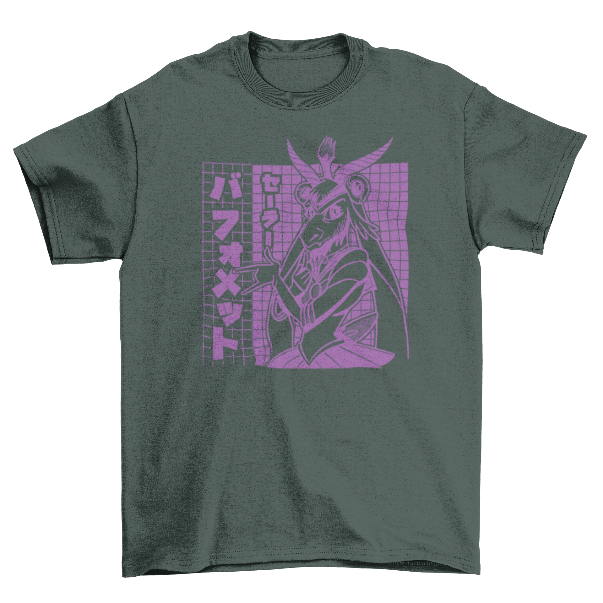 Anime Baphomet T-shirt featuring an anime girl with Baphomet's face, vibrant design on soft fabric.