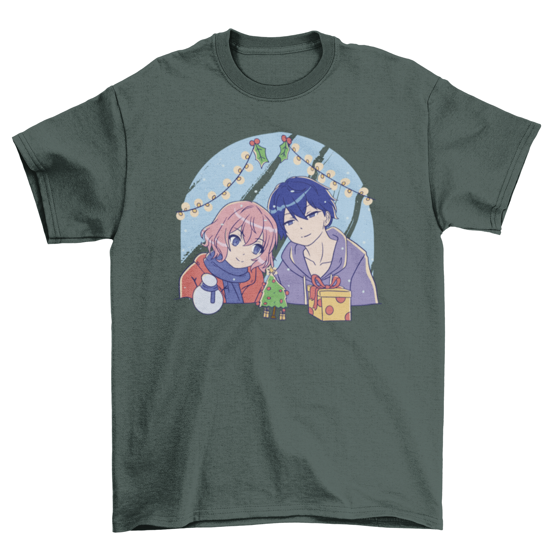 Anime Christmas couple t-shirt featuring a cute anime couple admiring Christmas decorations, perfect for holiday celebrations.