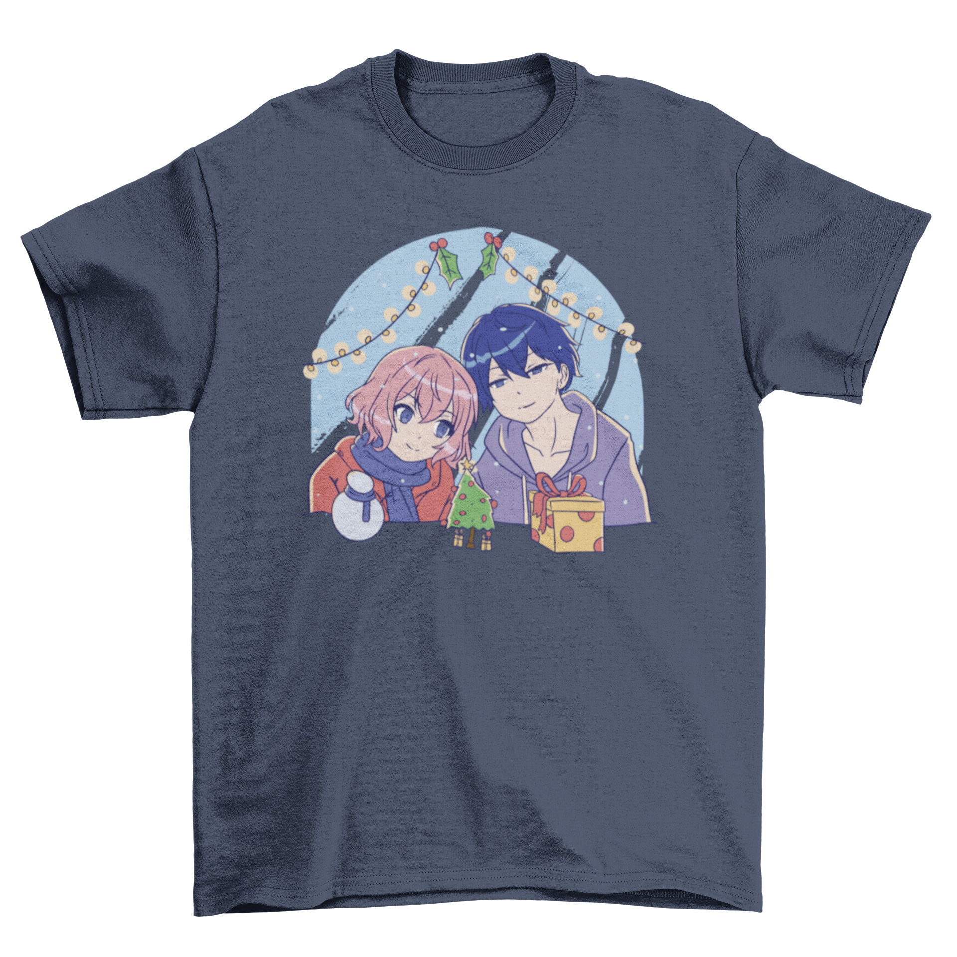 Anime Christmas couple t-shirt featuring a cute anime couple admiring Christmas decorations, perfect for holiday celebrations.