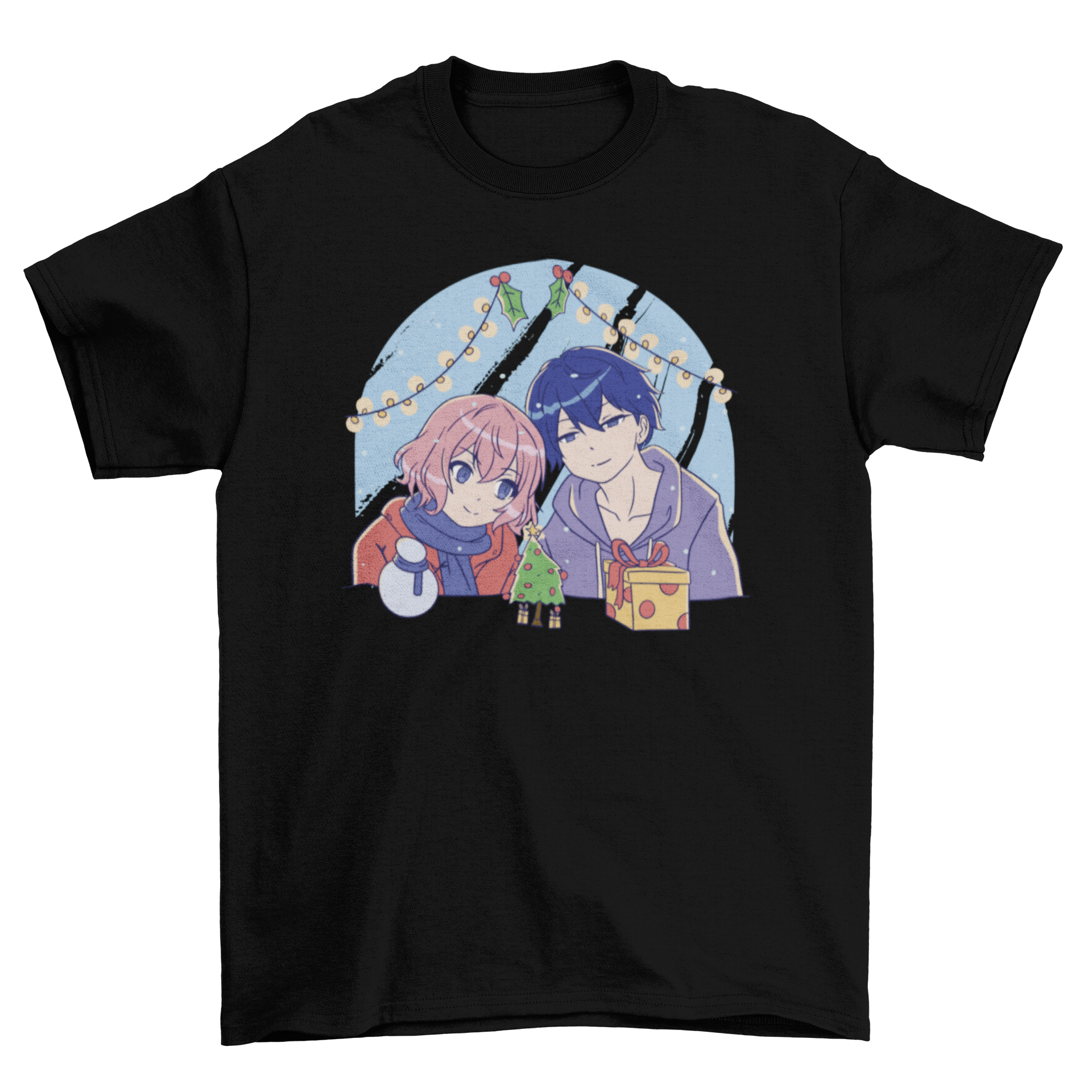 Anime Christmas couple t-shirt featuring a cute anime couple admiring Christmas decorations, perfect for holiday celebrations.