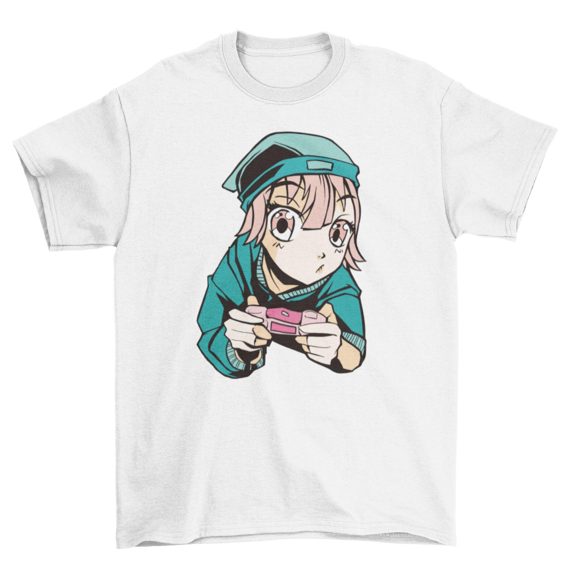 Anime gamer girl t-shirt featuring a girl playing with a joystick, showcasing vibrant colors and intricate design.