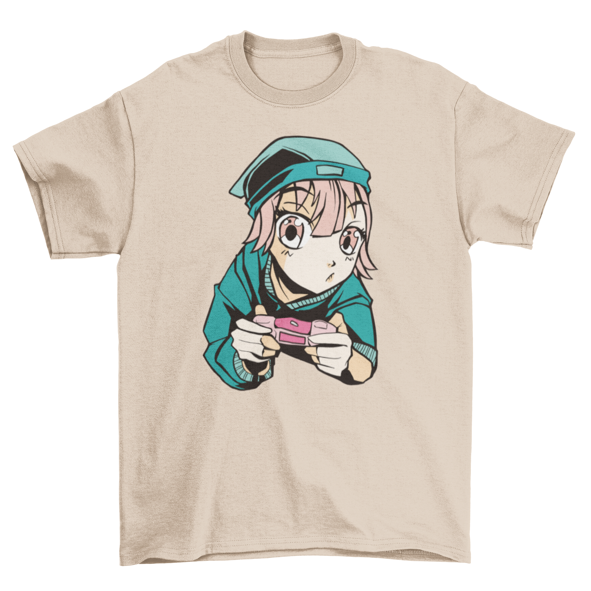 Anime gamer girl t-shirt featuring a girl playing with a joystick, showcasing vibrant colors and intricate design.