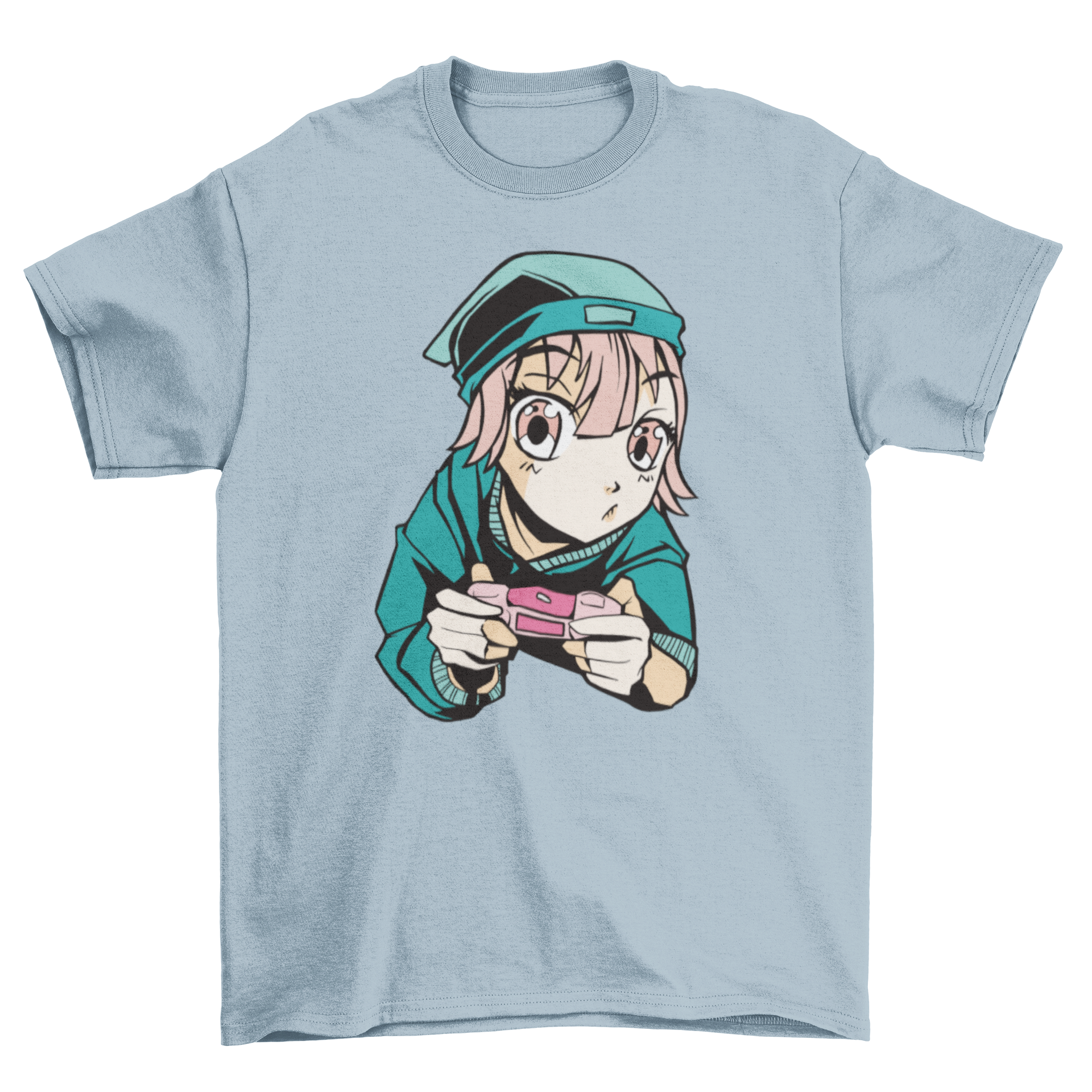 Anime gamer girl t-shirt featuring a girl playing with a joystick, showcasing vibrant colors and intricate design.