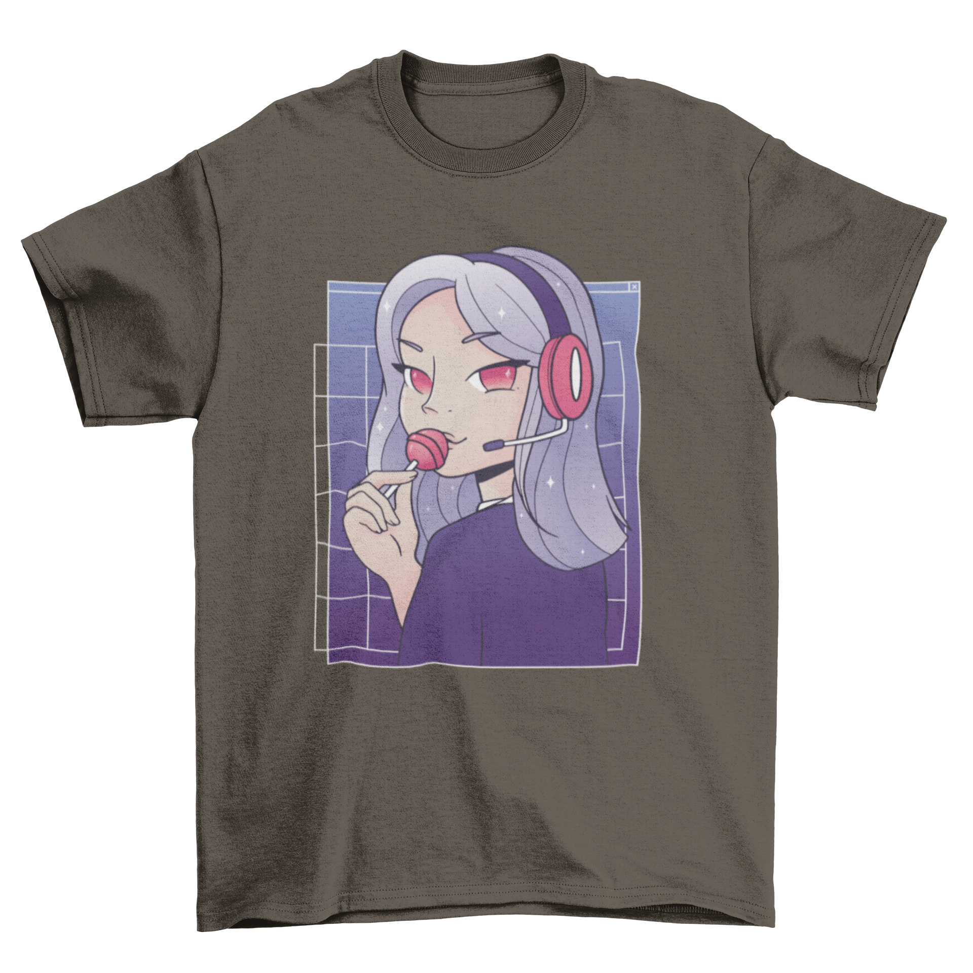 Anime gamer girl t-shirt design featuring a girl with headphones eating a lollipop, showcasing vibrant colors and cute anime style.