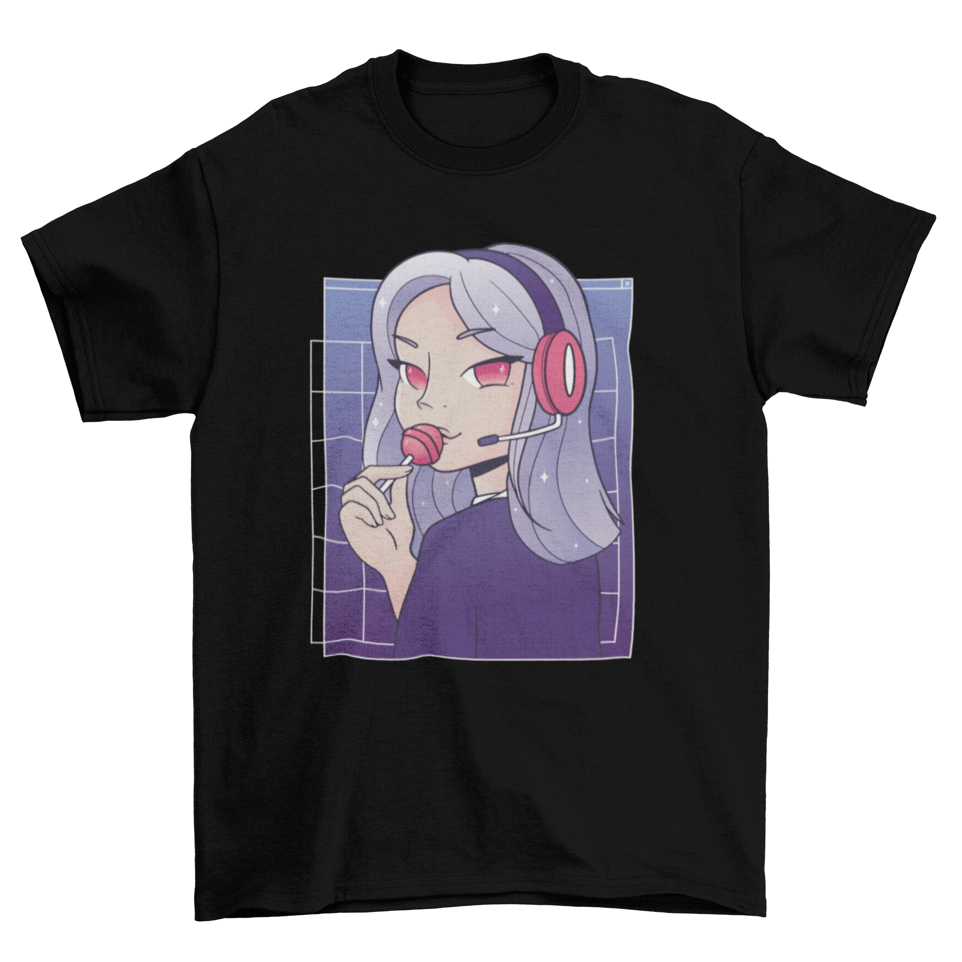 Anime gamer girl t-shirt design featuring a girl with headphones eating a lollipop, showcasing vibrant colors and cute anime style.