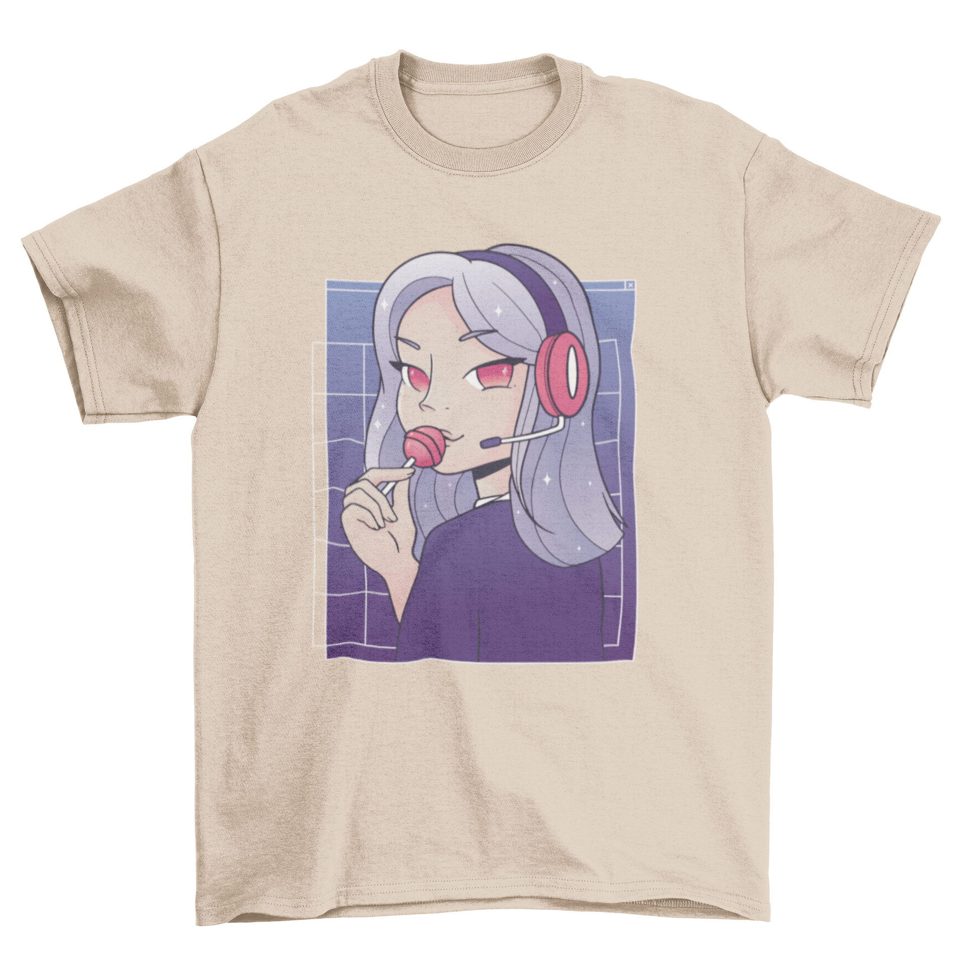 Anime gamer girl t-shirt design featuring a girl with headphones eating a lollipop, showcasing vibrant colors and cute anime style.