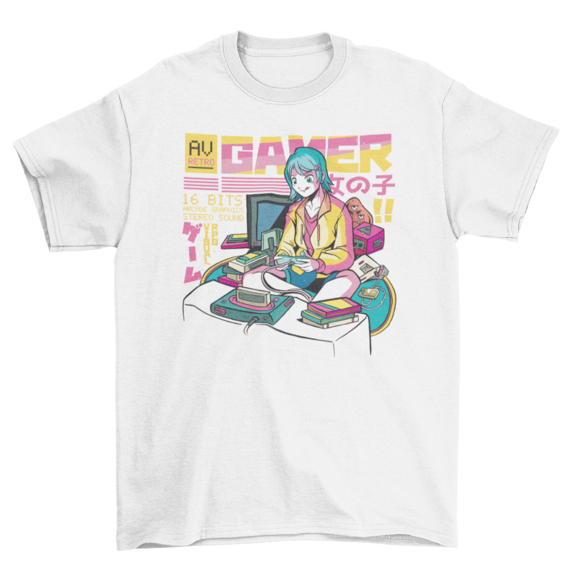 Anime gamer girl t-shirt featuring a colorful illustration of an anime girl playing video games.