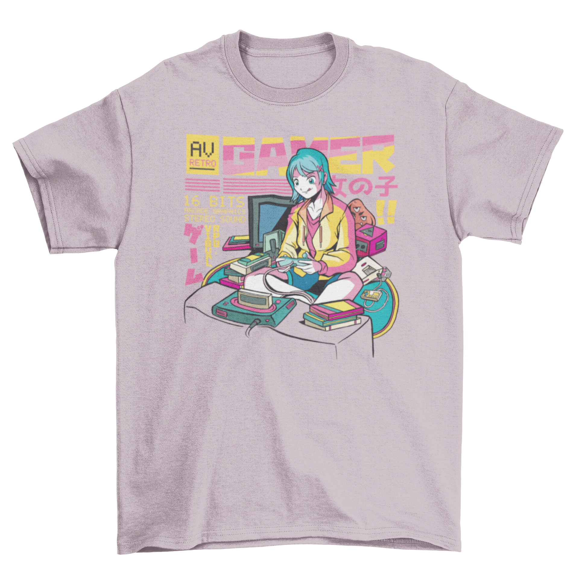 Anime gamer girl t-shirt featuring a colorful illustration of an anime girl playing video games.