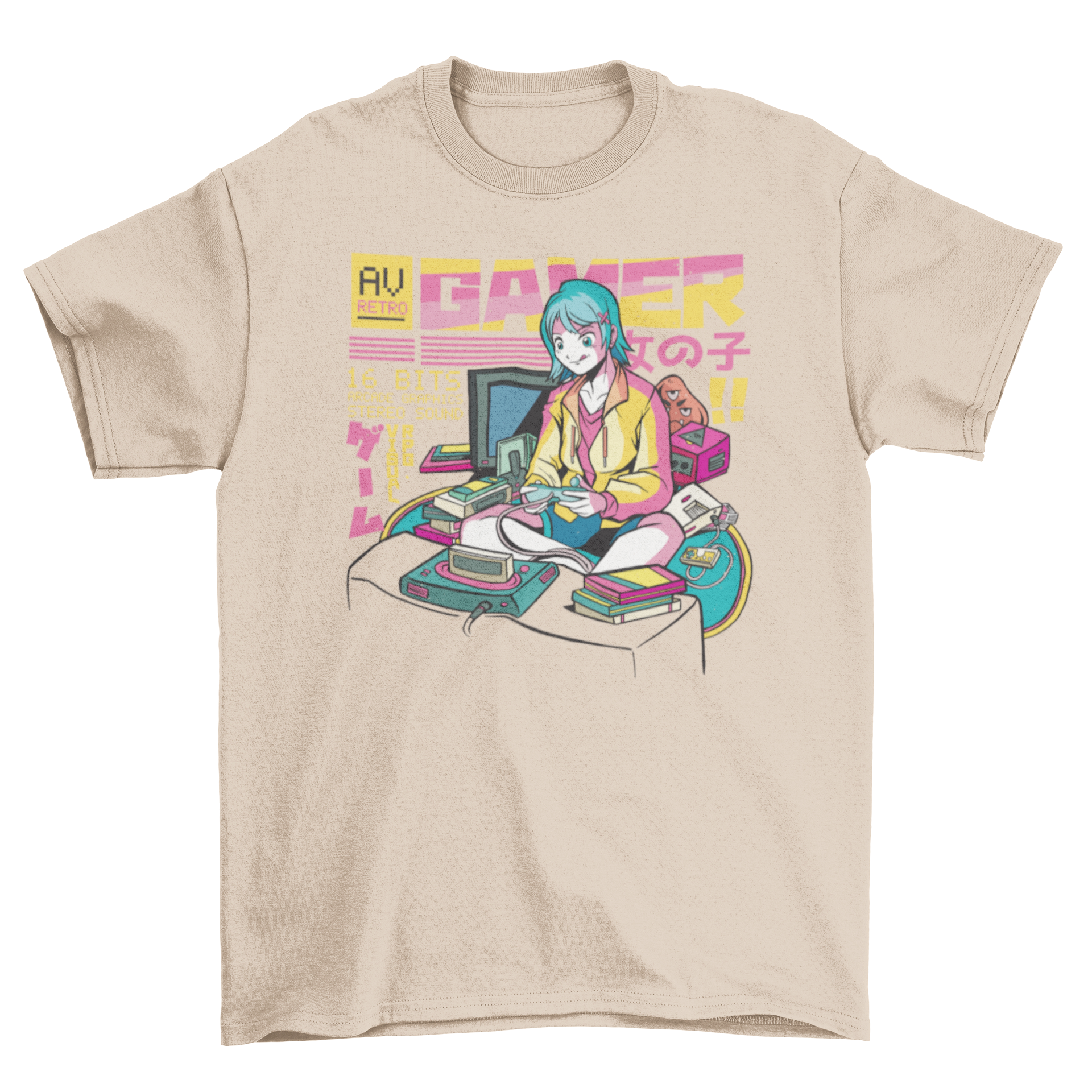 Anime gamer girl t-shirt featuring a colorful illustration of an anime girl playing video games.