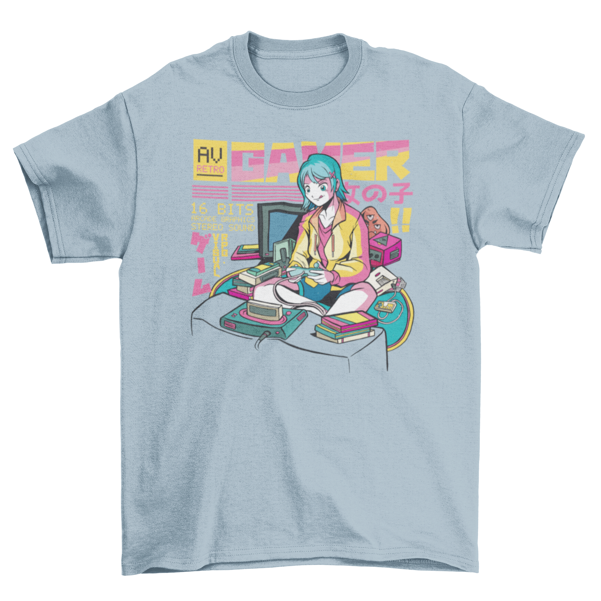 Anime gamer girl t-shirt featuring a colorful illustration of an anime girl playing video games.