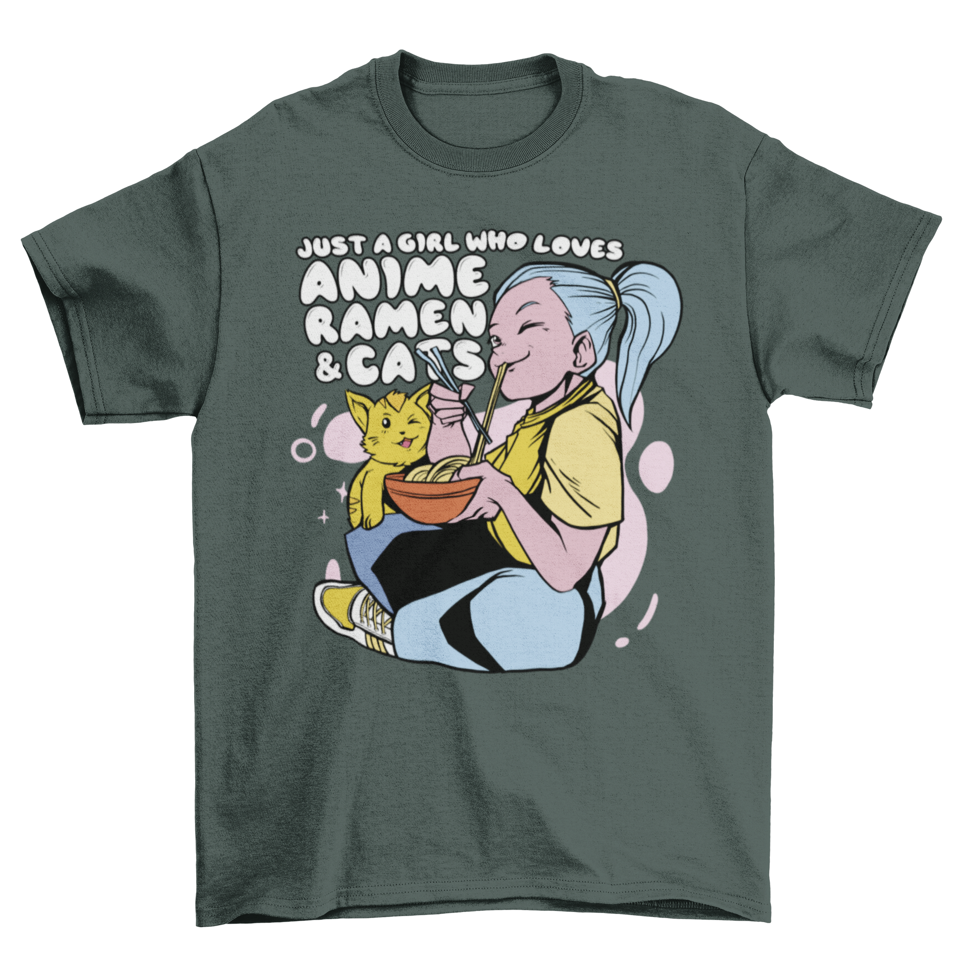 Anime girl enjoying ramen with a cat, colorful t-shirt design.