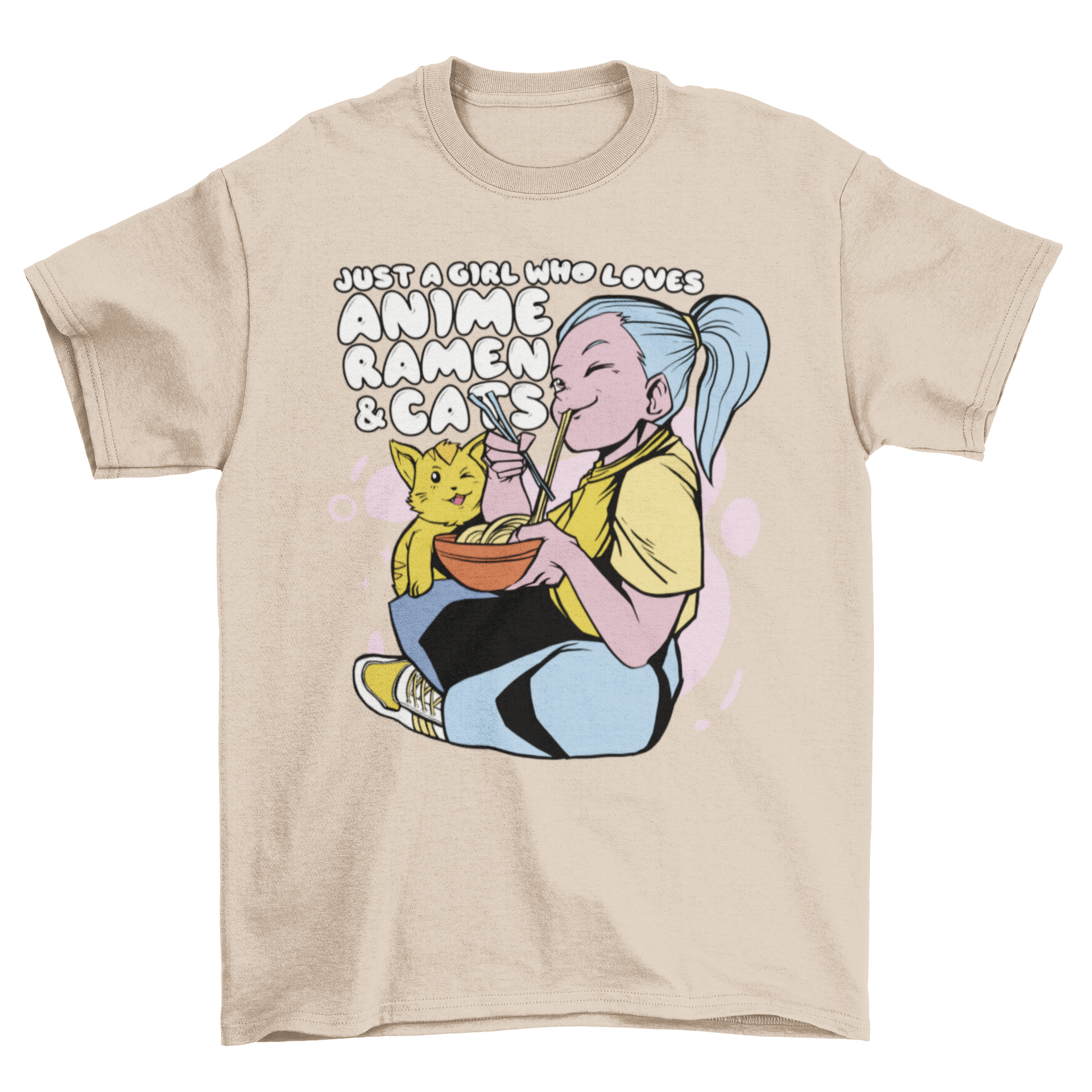 Anime girl enjoying ramen with a cat, colorful t-shirt design.