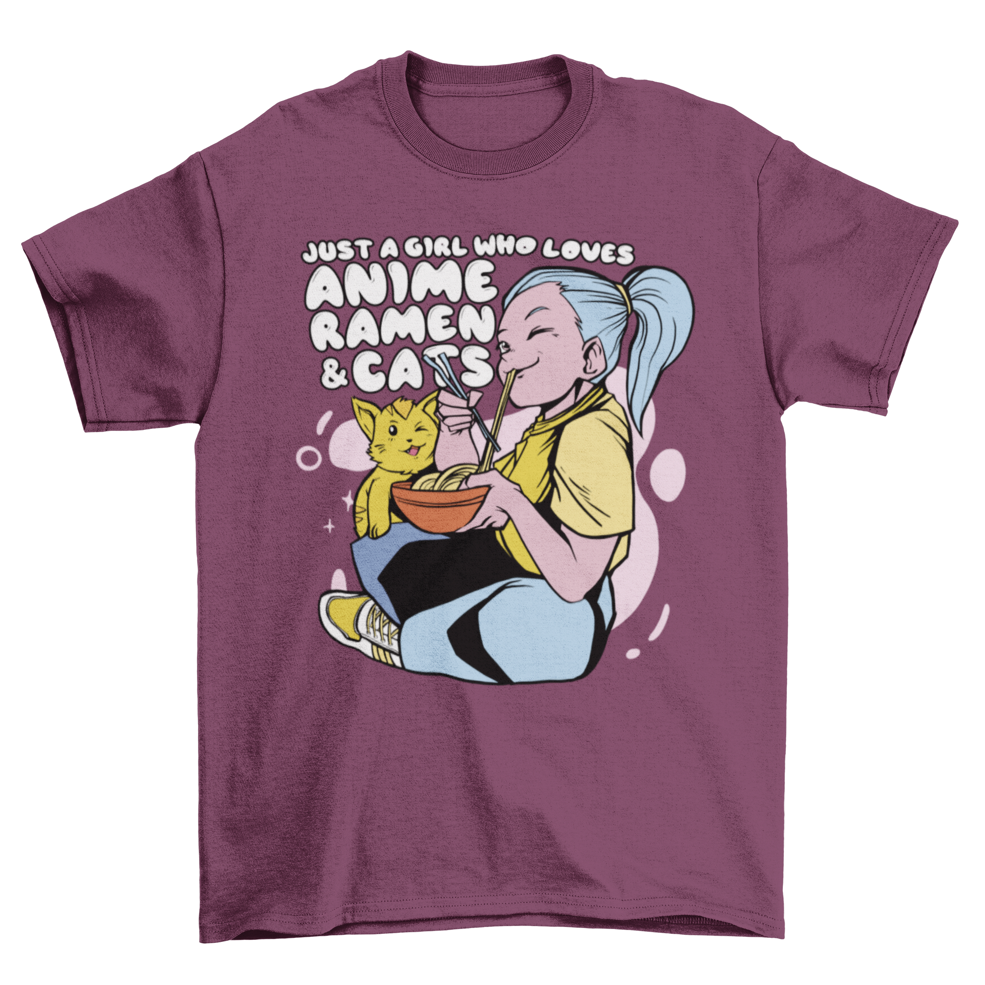 Anime girl enjoying ramen with a cat, colorful t-shirt design.