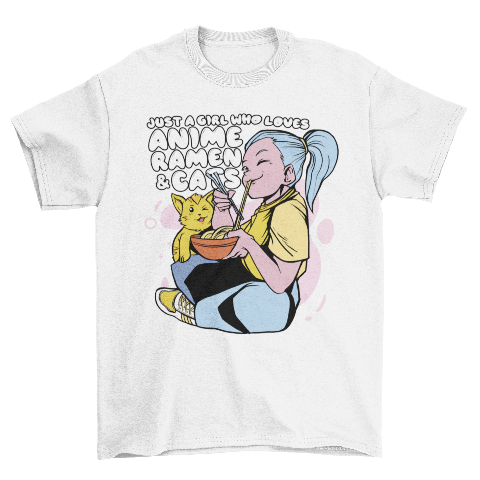 Anime girl enjoying ramen with a cat, colorful t-shirt design.