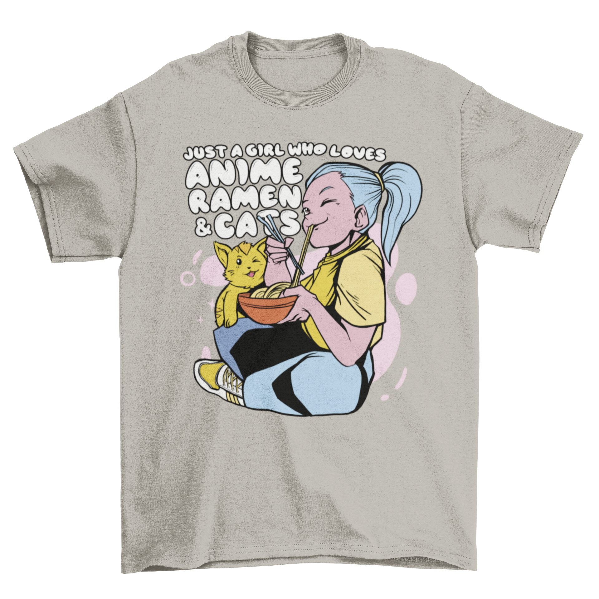 Anime girl enjoying ramen with a cat, colorful t-shirt design.