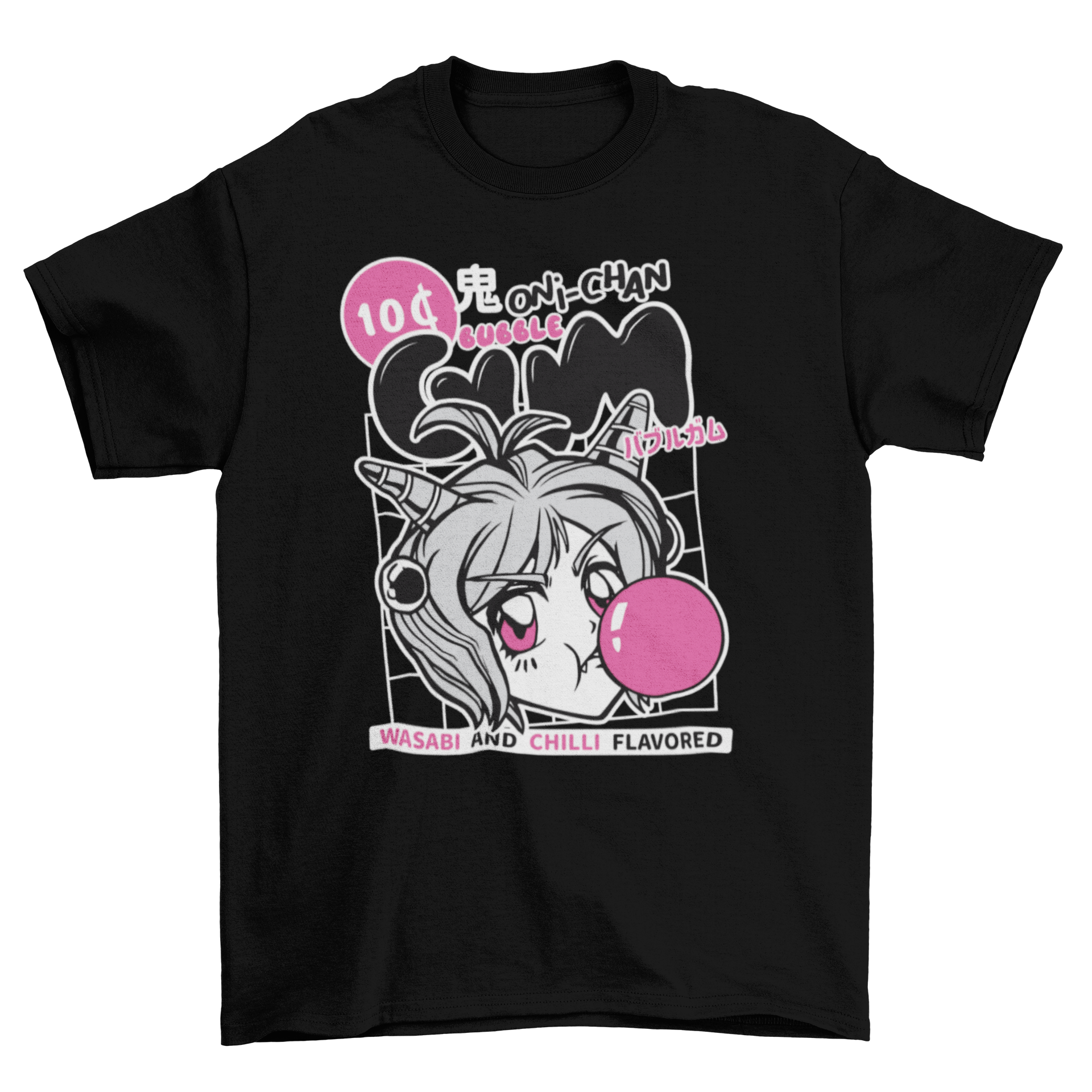 Anime girl t-shirt featuring a girl chewing bubble gum with a colorful design and the quote 'Wasabi and chilli flavored'.