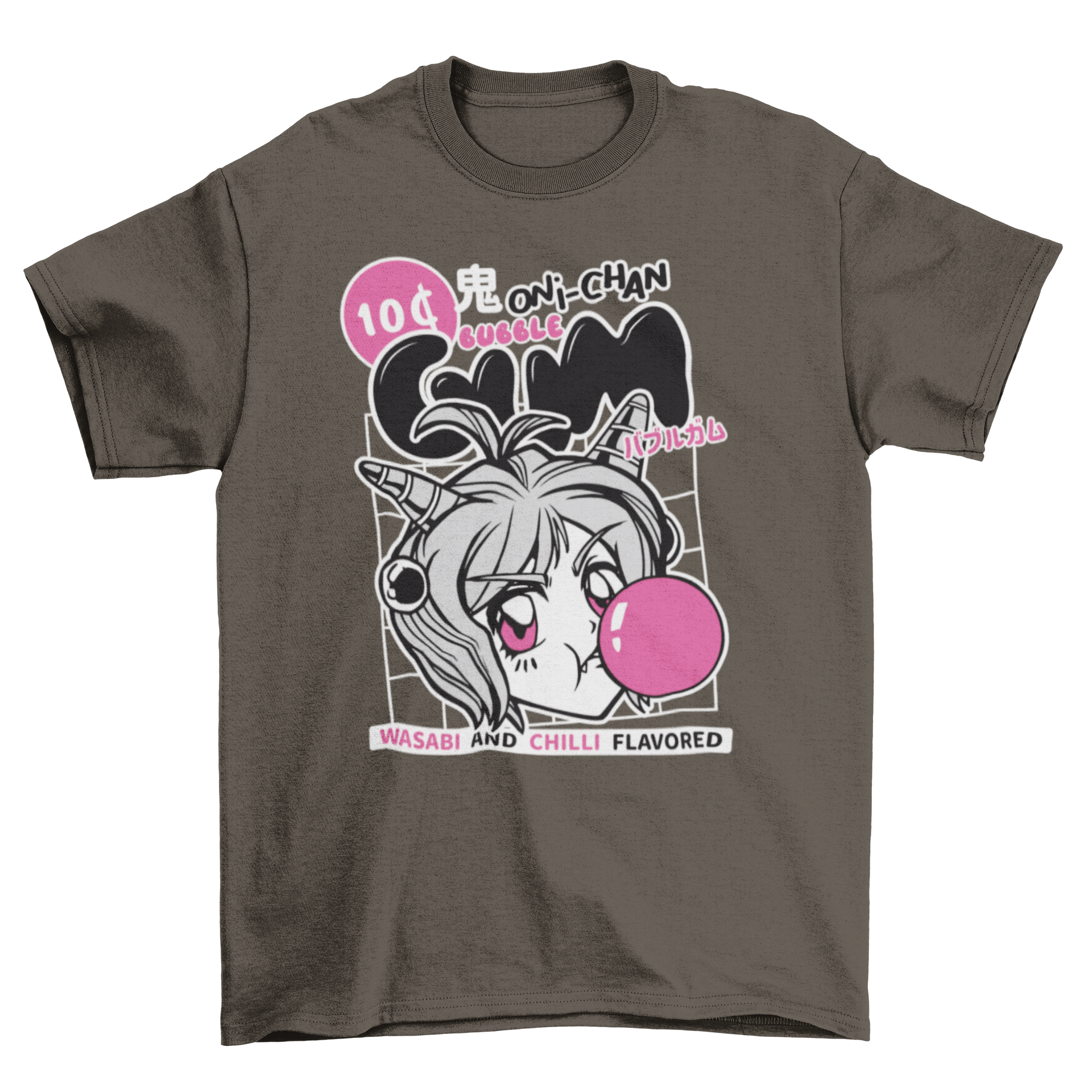 Anime girl t-shirt featuring a girl chewing bubble gum with a colorful design and the quote 'Wasabi and chilli flavored'.