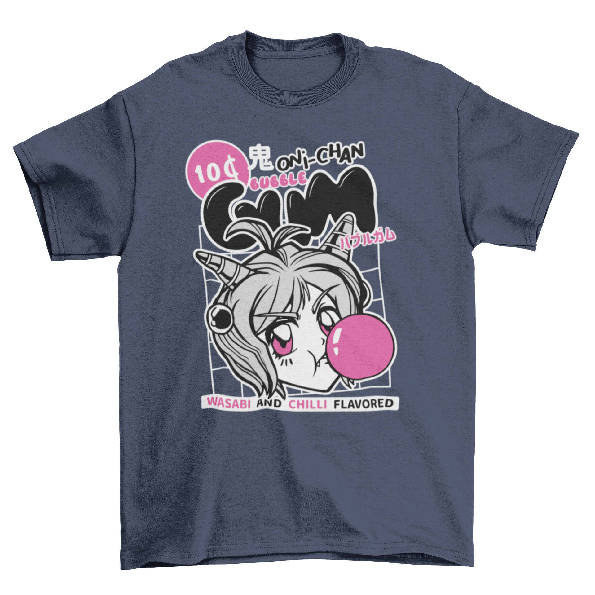 Anime girl t-shirt featuring a girl chewing bubble gum with a colorful design and the quote 'Wasabi and chilli flavored'.