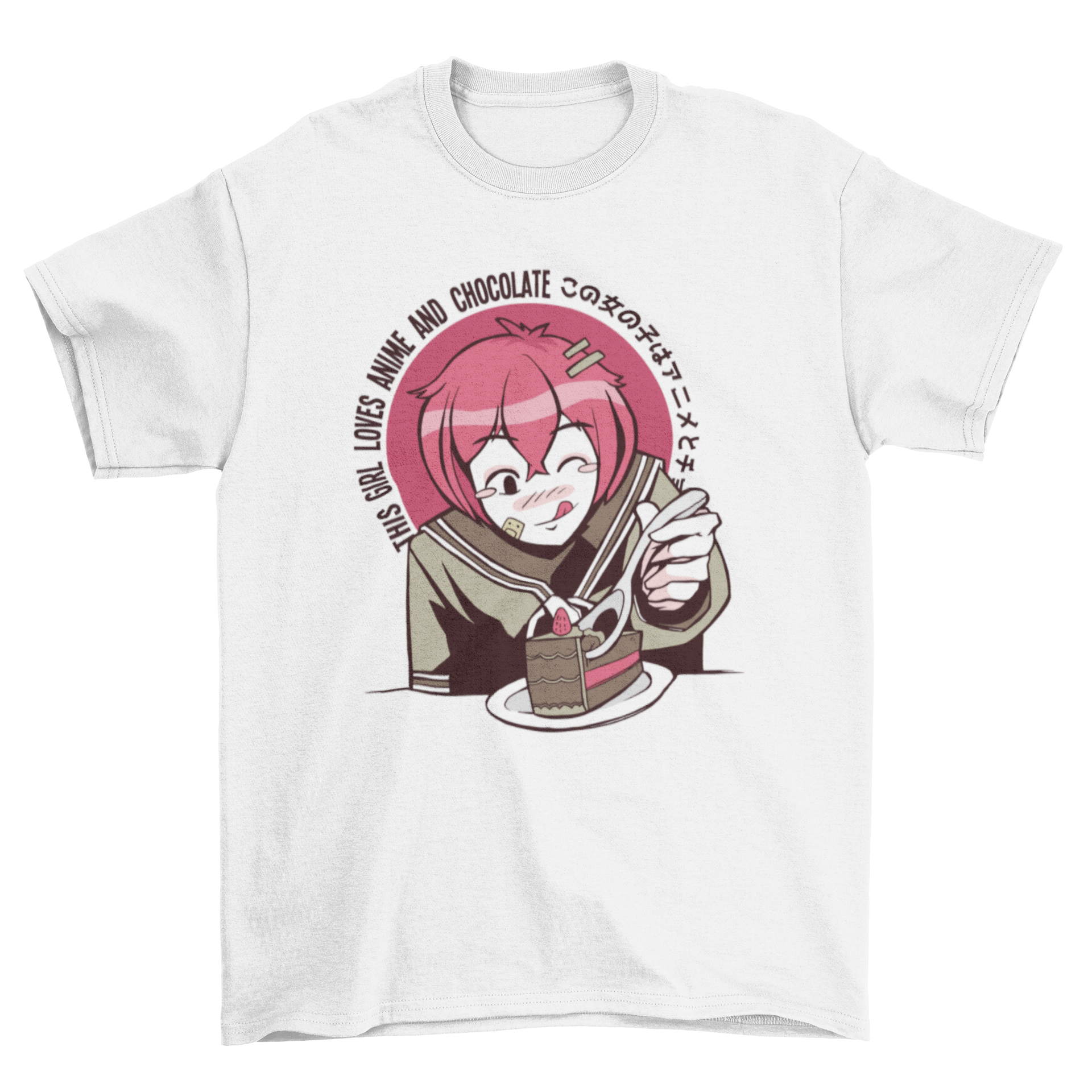 Anime girl cartoon graphic on a t-shirt, joyfully eating chocolate cake.