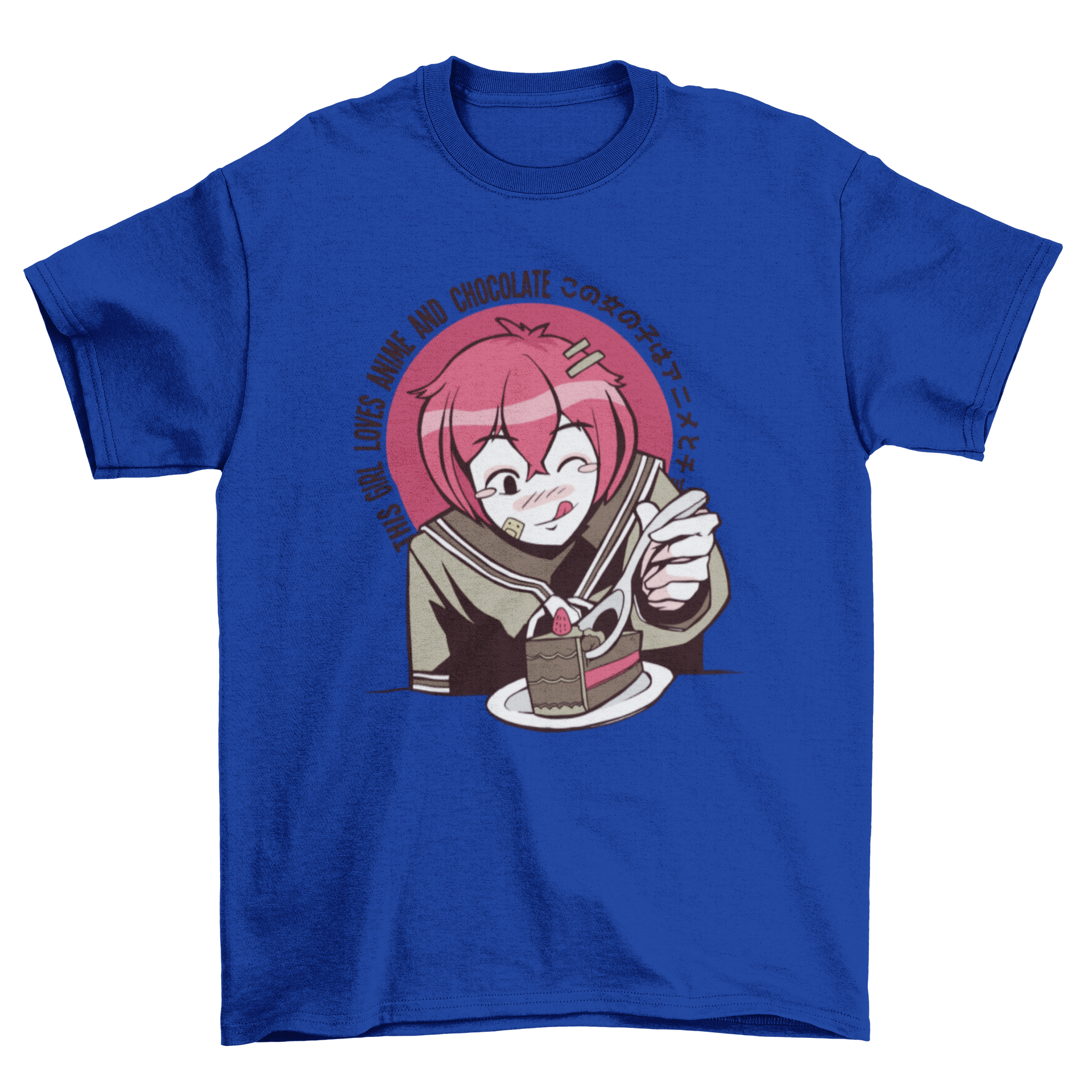 Anime girl cartoon graphic on a t-shirt, joyfully eating chocolate cake.