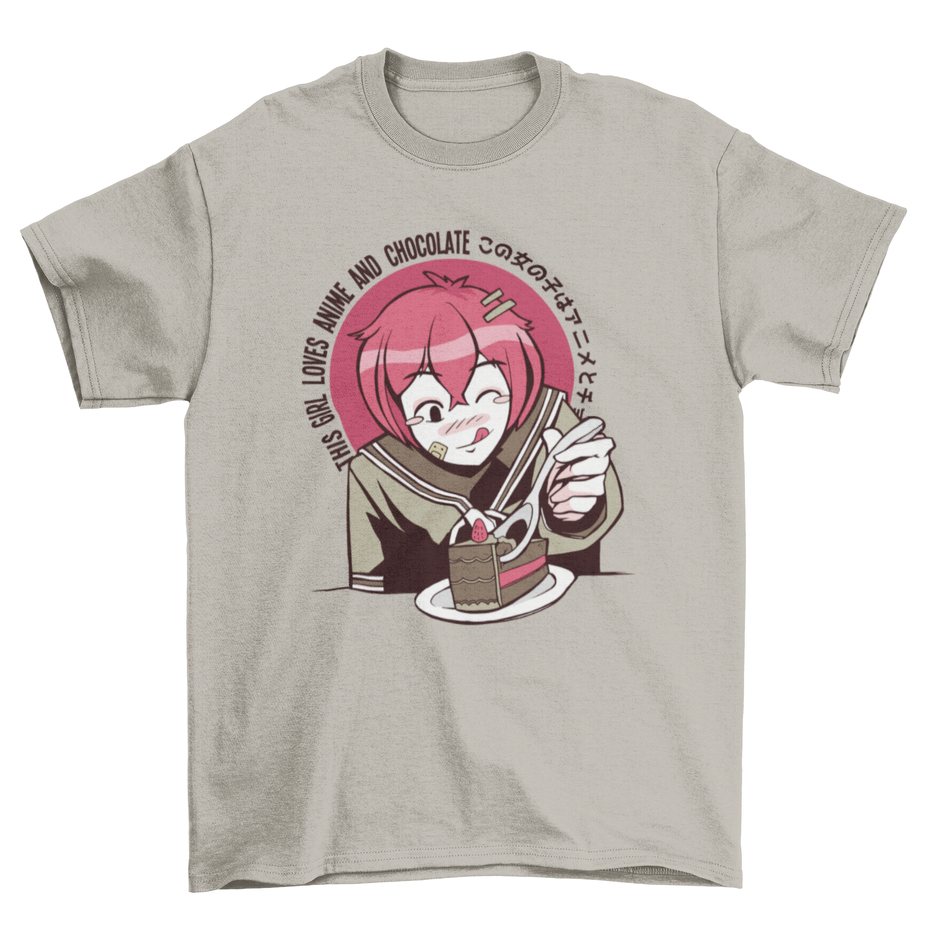 Anime girl cartoon graphic on a t-shirt, joyfully eating chocolate cake.