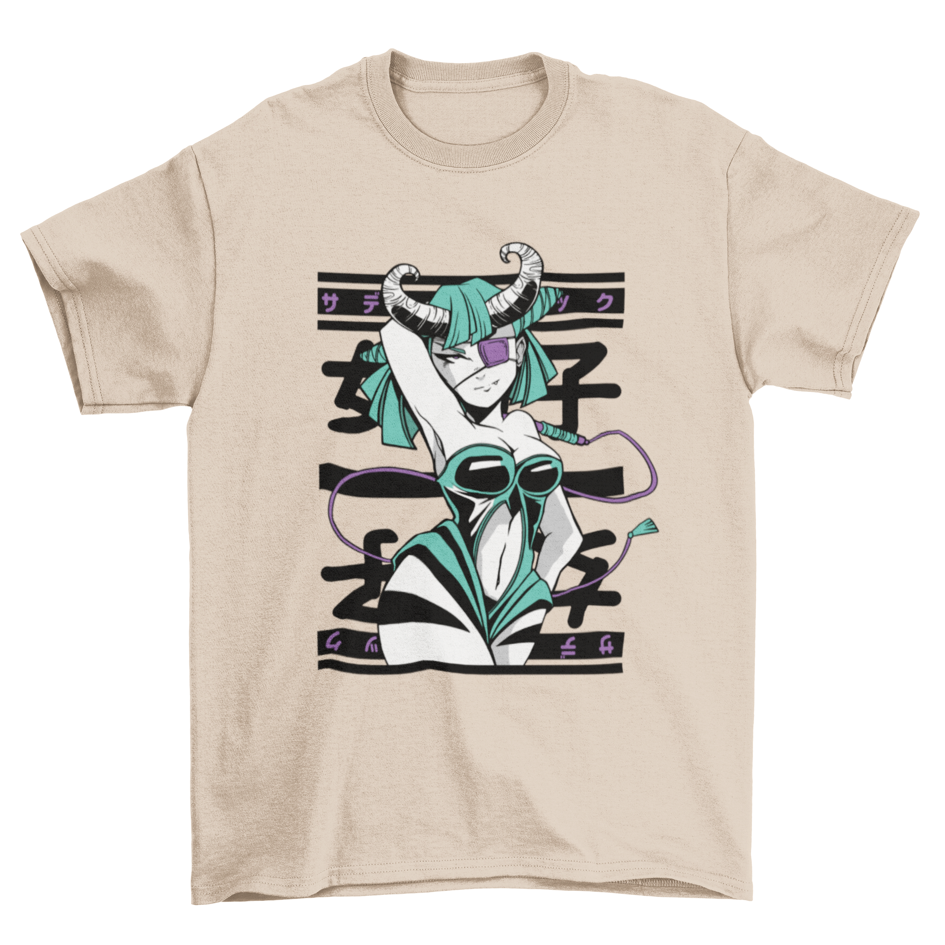 Anime girl character t-shirt design featuring horns and Japanese quotes, showcasing vibrant colors and intricate details.