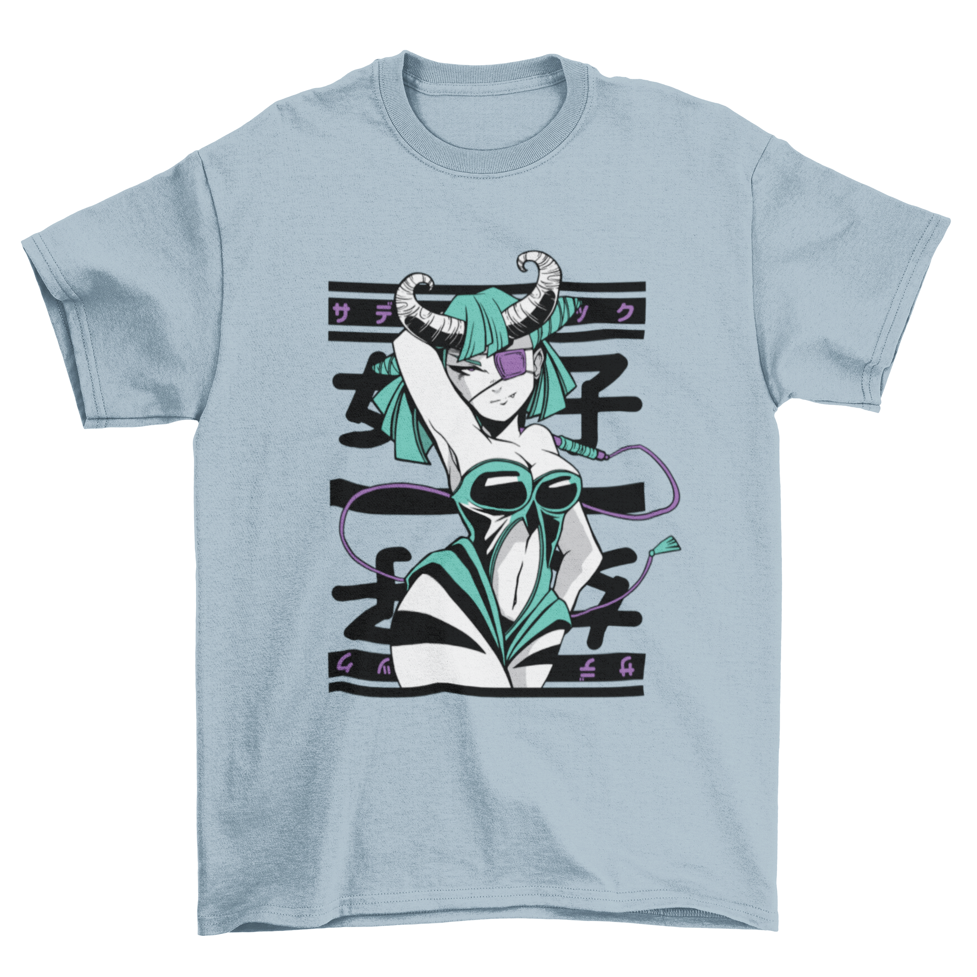 Anime girl character t-shirt design featuring horns and Japanese quotes, showcasing vibrant colors and intricate details.