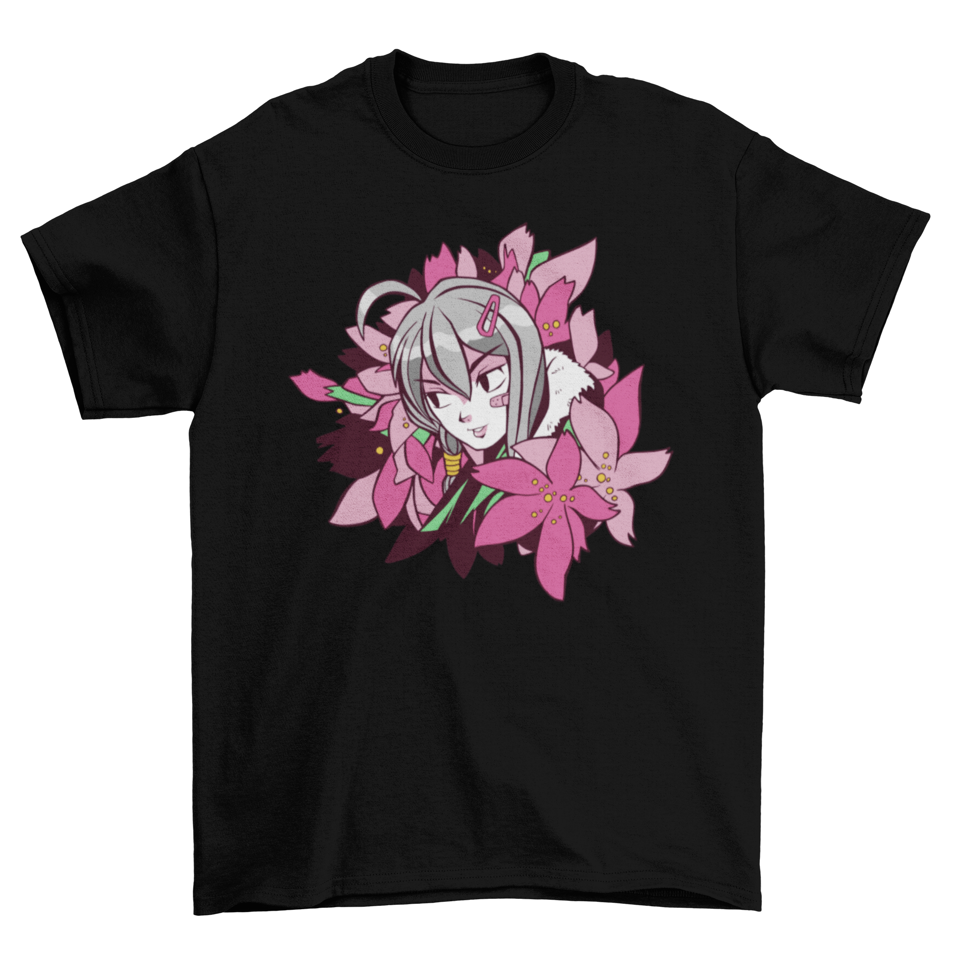 Anime girl with gray hair surrounded by colorful flowers on a t-shirt.