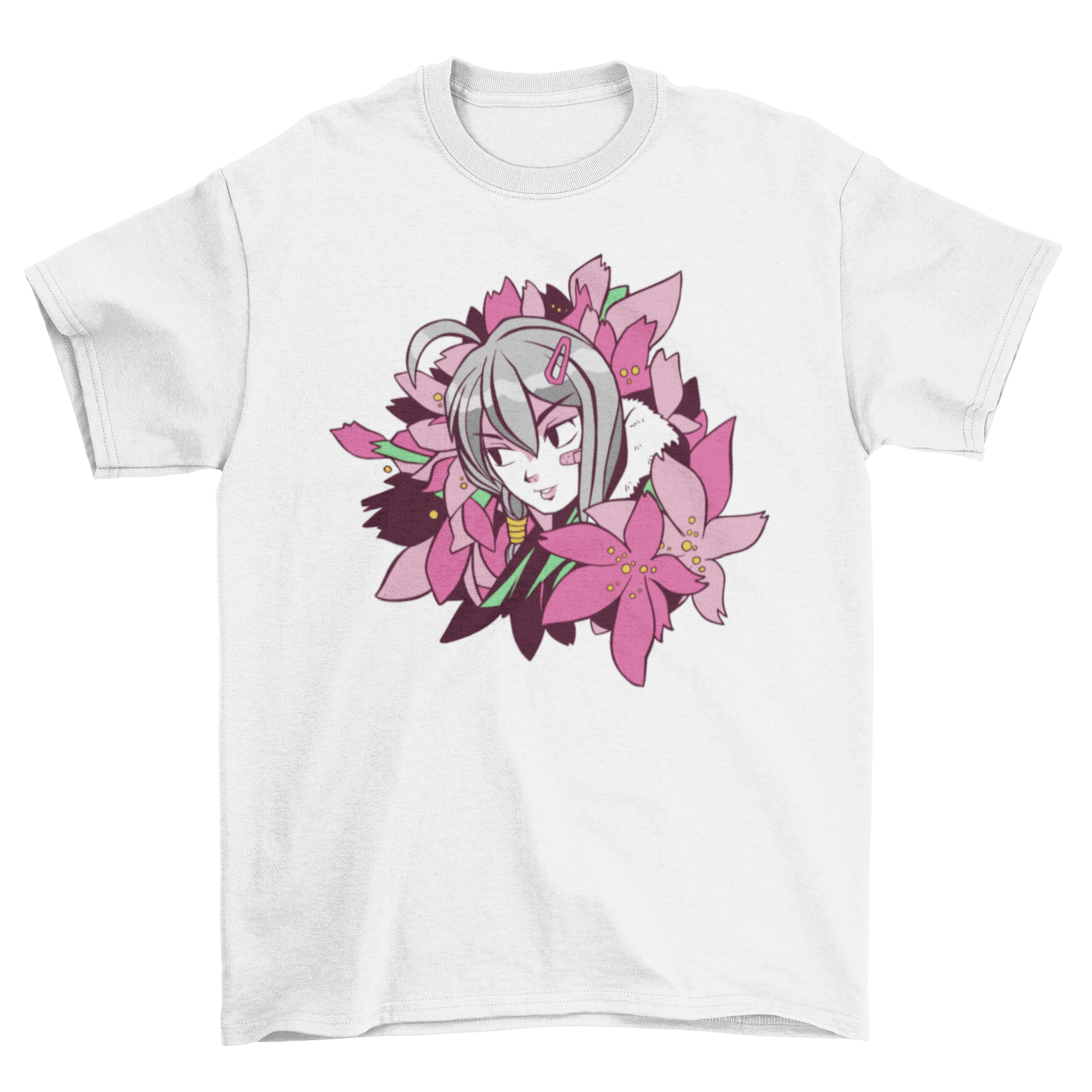 Anime girl with gray hair surrounded by colorful flowers on a t-shirt.