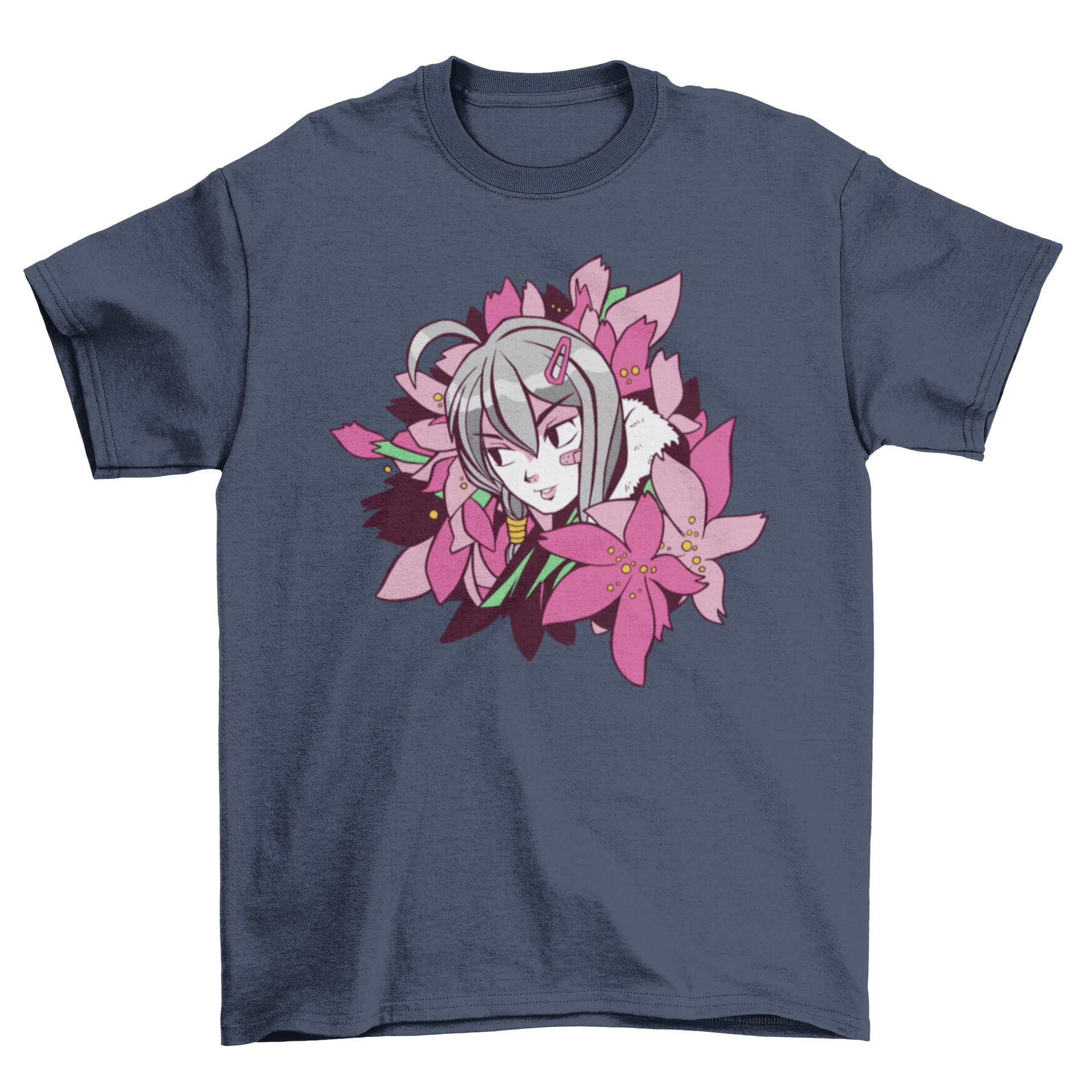 Anime girl with gray hair surrounded by colorful flowers on a t-shirt.