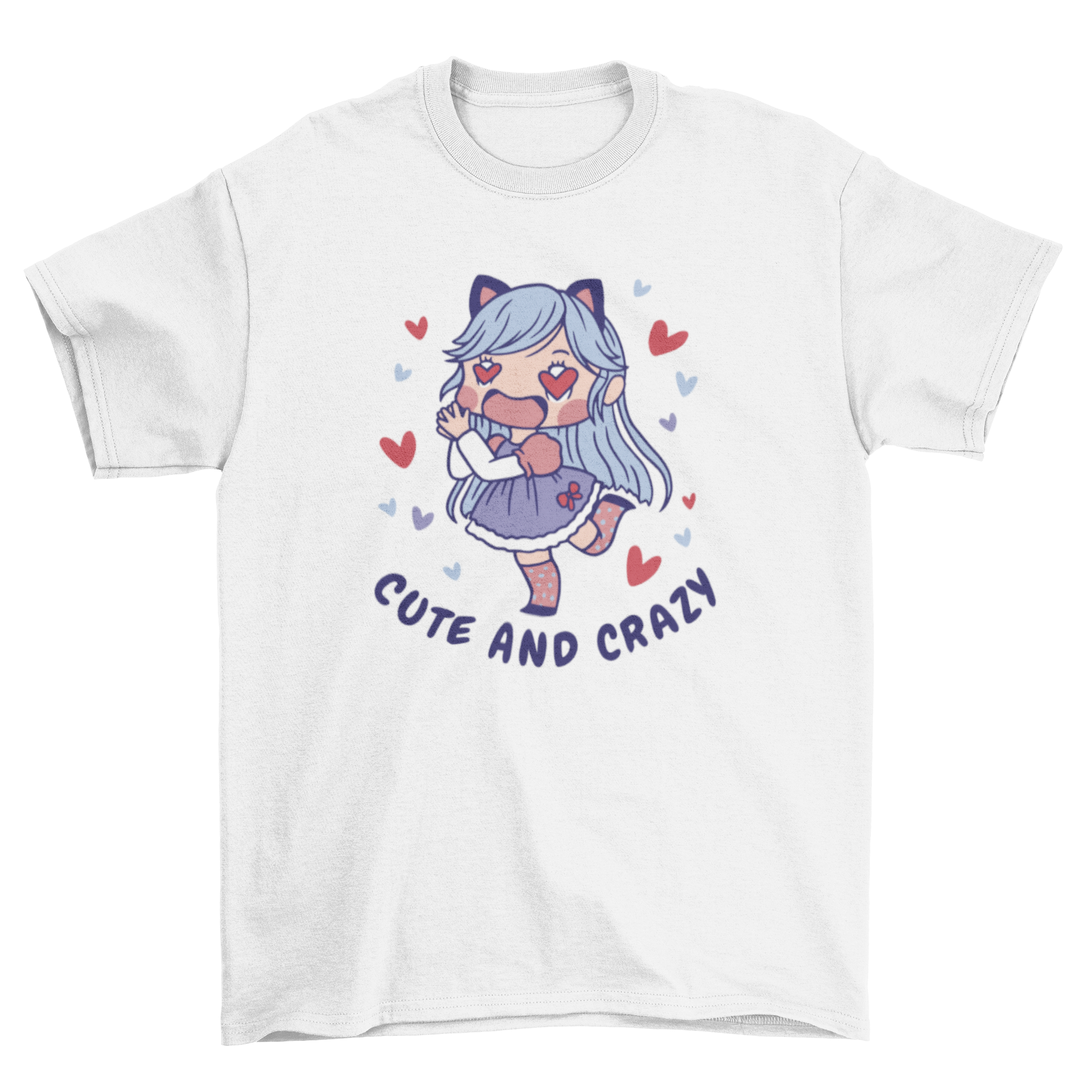 Anime girl in love t-shirt featuring a chibi character surrounded by hearts and the quote 'Cute and crazy'.