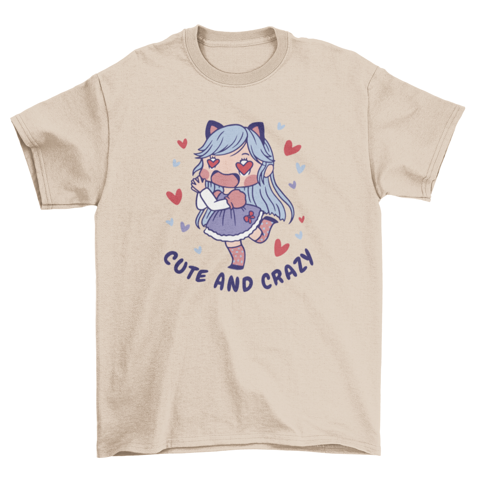 Anime girl in love t-shirt featuring a chibi character surrounded by hearts and the quote 'Cute and crazy'.