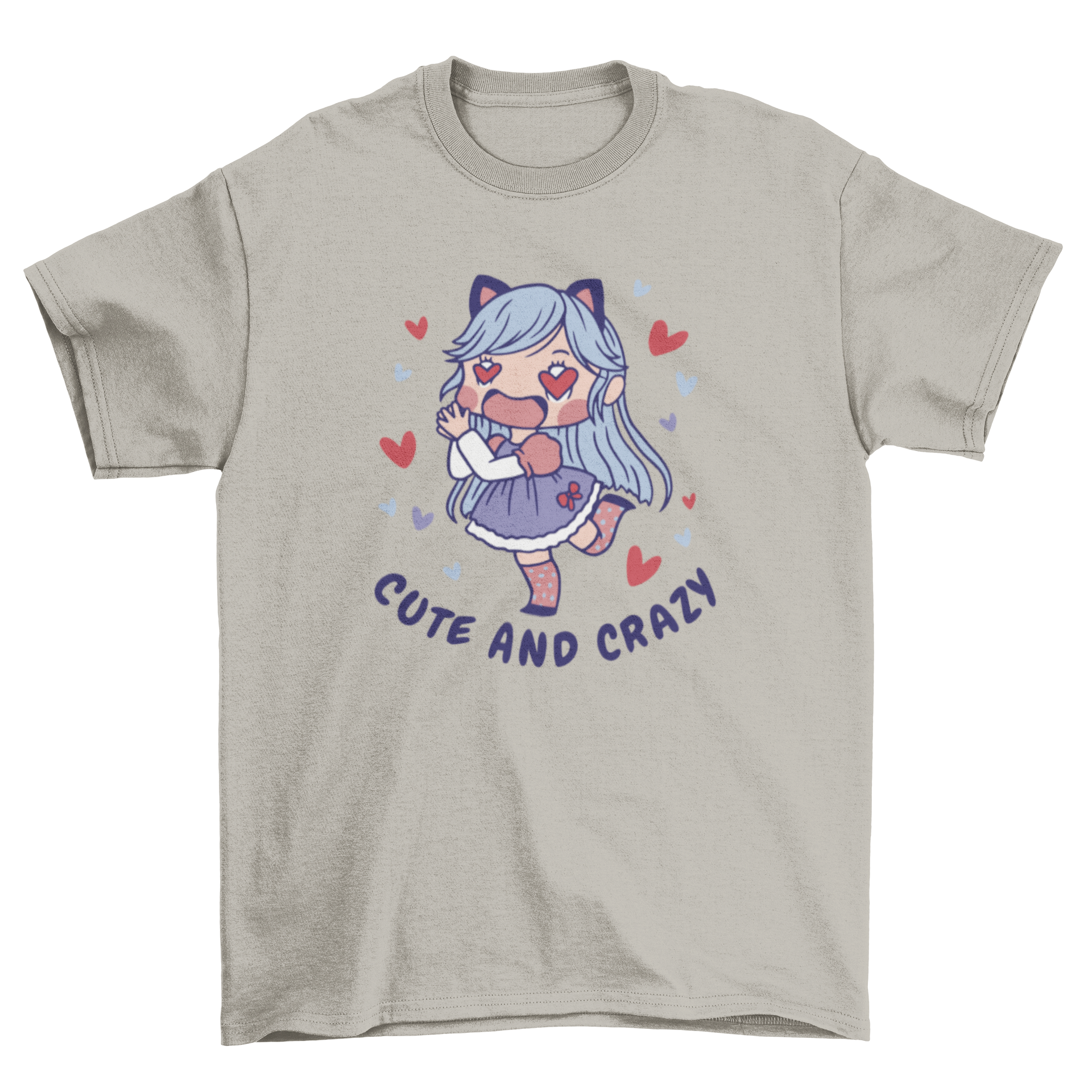 Anime girl in love t-shirt featuring a chibi character surrounded by hearts and the quote 'Cute and crazy'.