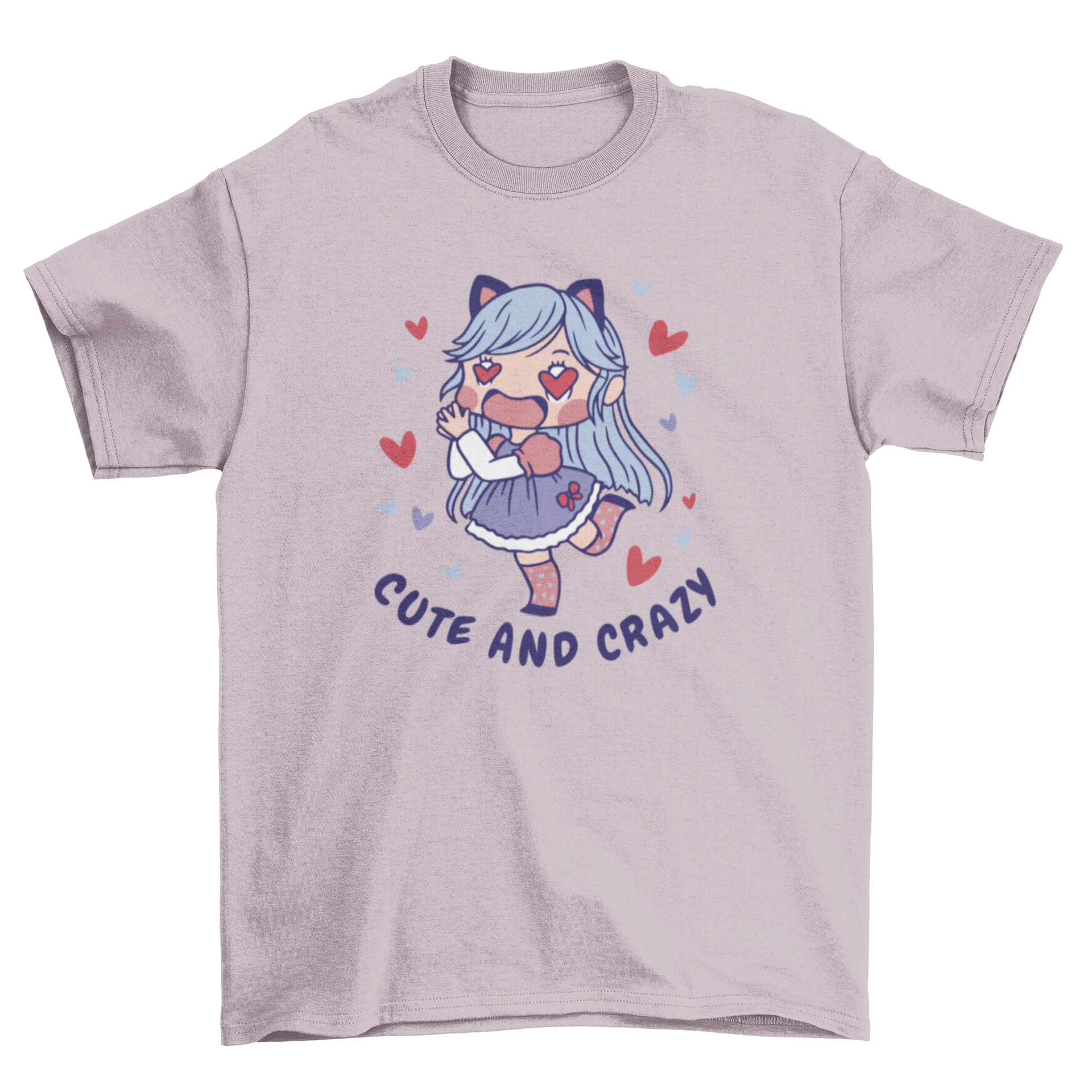 Anime girl in love t-shirt featuring a chibi character surrounded by hearts and the quote 'Cute and crazy'.