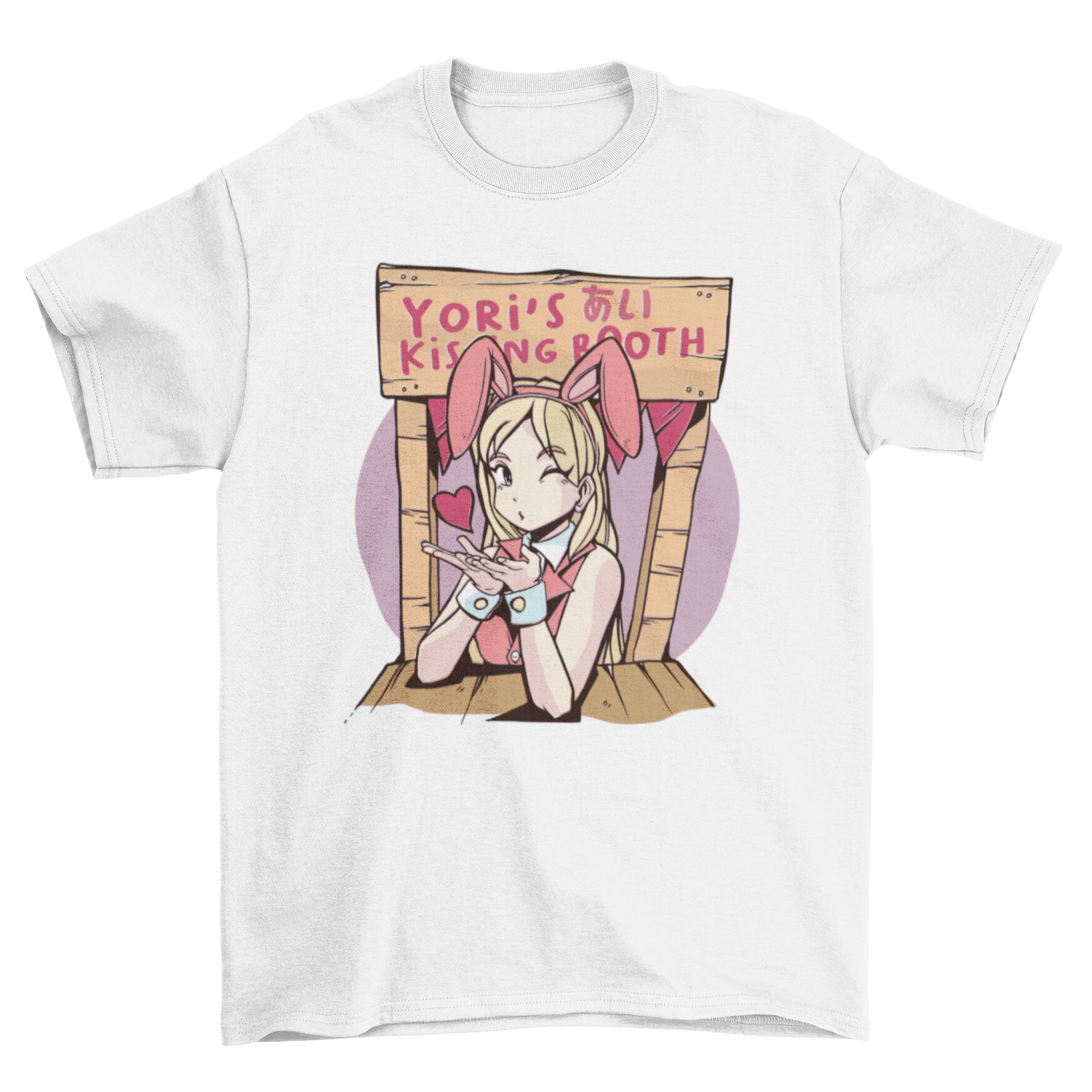 Anime girl in bunny costume at a kissing booth on a t-shirt, colorful and playful design.